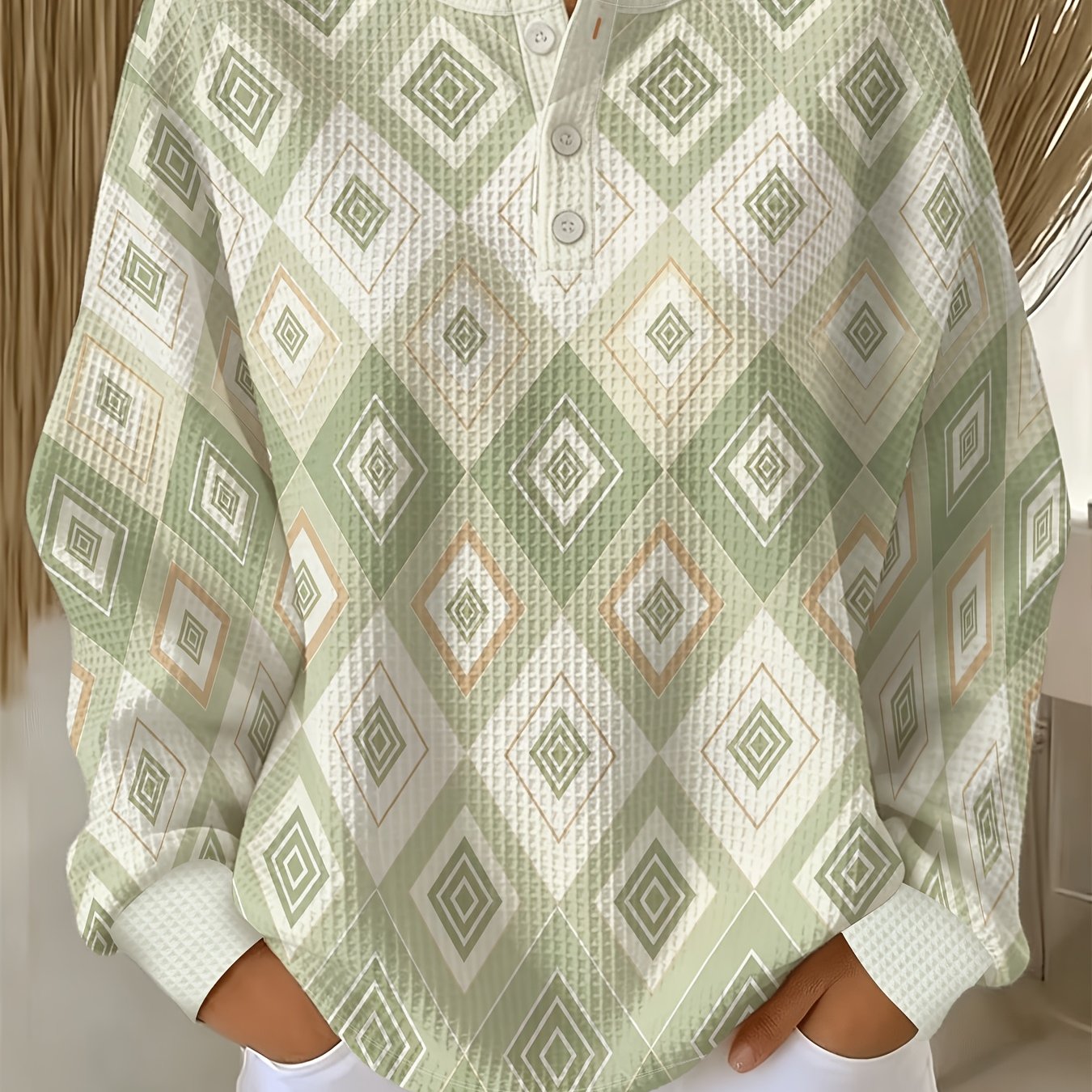 TEMU Plus Size, Plus-size Waffle- Sweatshirt Featuring A Yet Geometric Diamond Pattern, A Button-detail Crew Neck, And Long Sleeves.