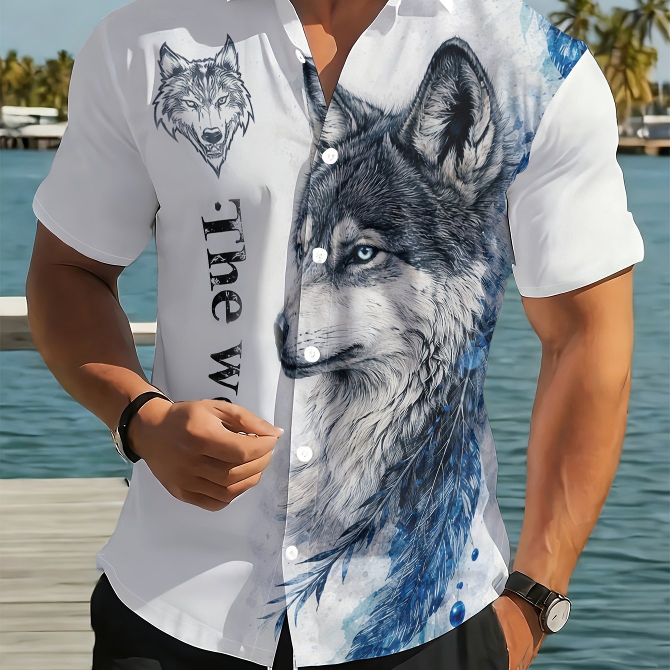 TEMU [print Design - Not Textured] Summer 's Short Sleeve Shirt Wolf Print Loose Casual Lapel Shirt Youth Trendy Vacation Beach Top Men's Clothing