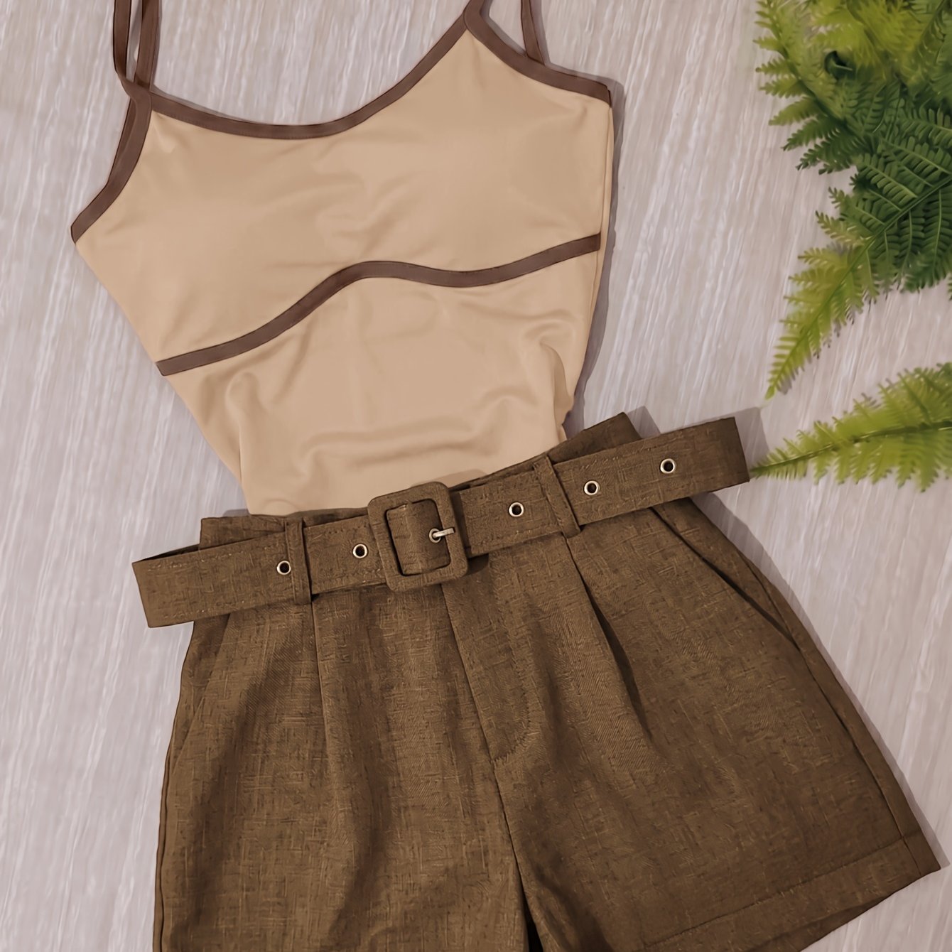 TEMU Cherry Summer Women's Clothing Two-piece Set, Contrast Cami Top And High-waist Wide-leg Shorts Casual Fashion Outfit (belt Not Included)