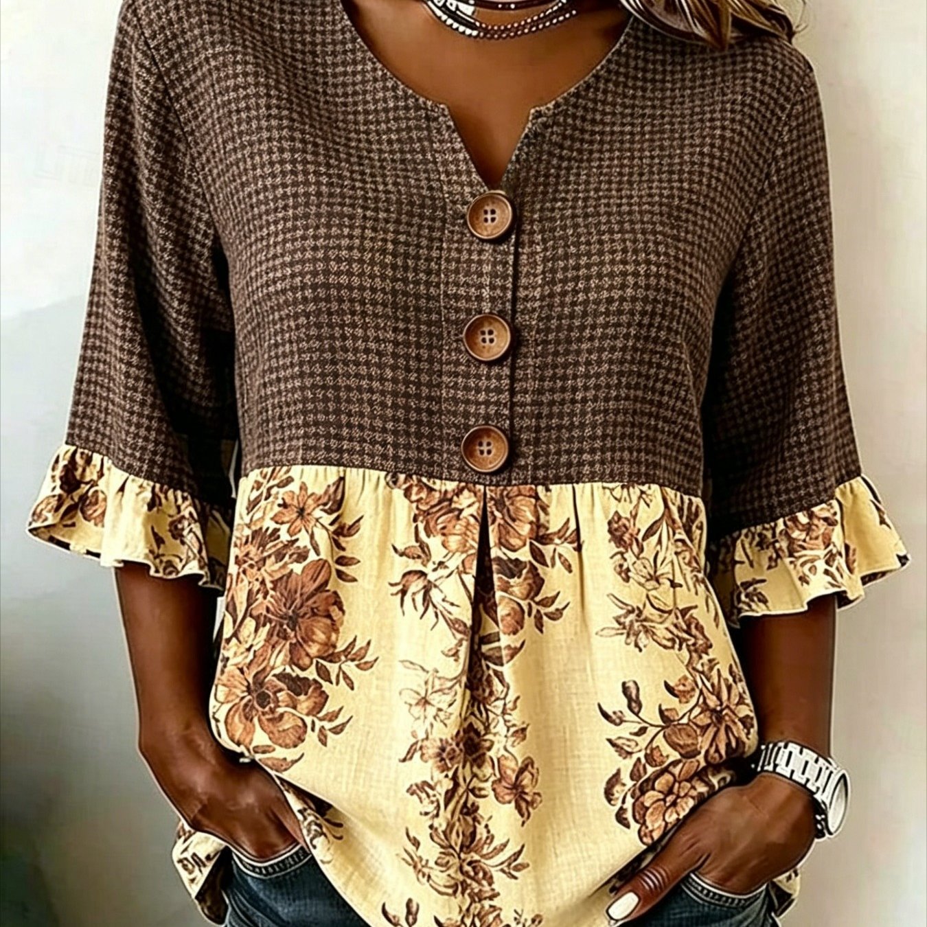 Image of Women'-button V-neck Shirt With Retro Floral Print, Women's Casual Shirt