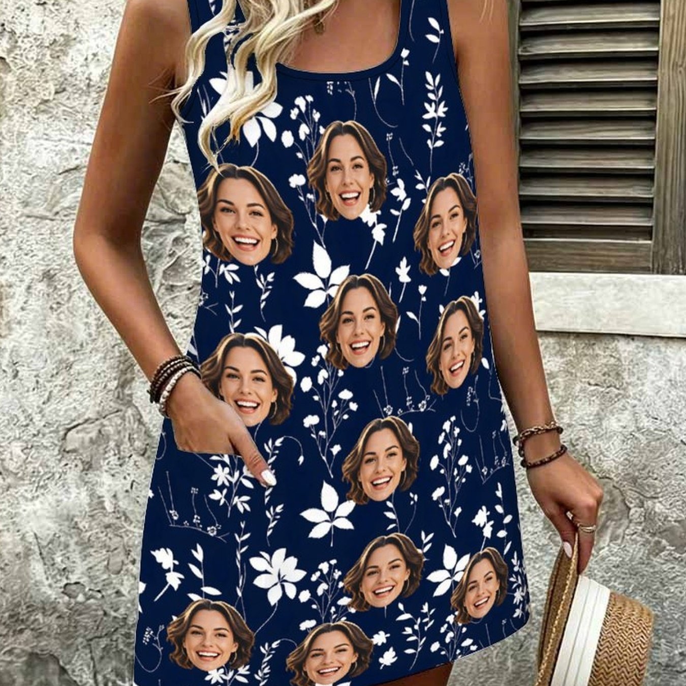 TEMU Women's Customizable Sleeveless A-line Mini Dress With Pockets - Portrait Or Pet Photo/full-body Floral Print Tank Dress, Loose Crew Neck Summer