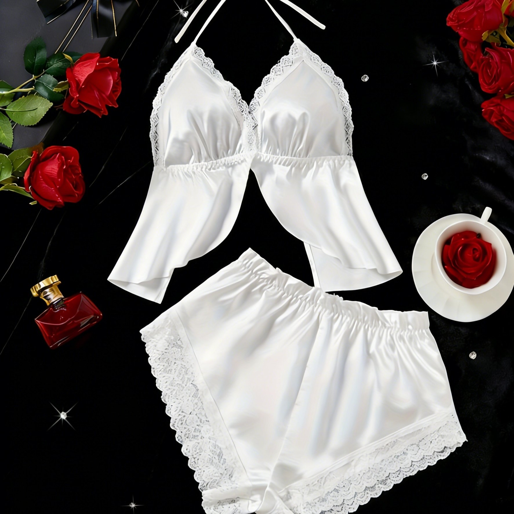 Lace Trimmed Solid Pajama Ensemble, Halter Neck Slit Blouse & Stretchy Shorts, Women's Nightwear & Loungewear