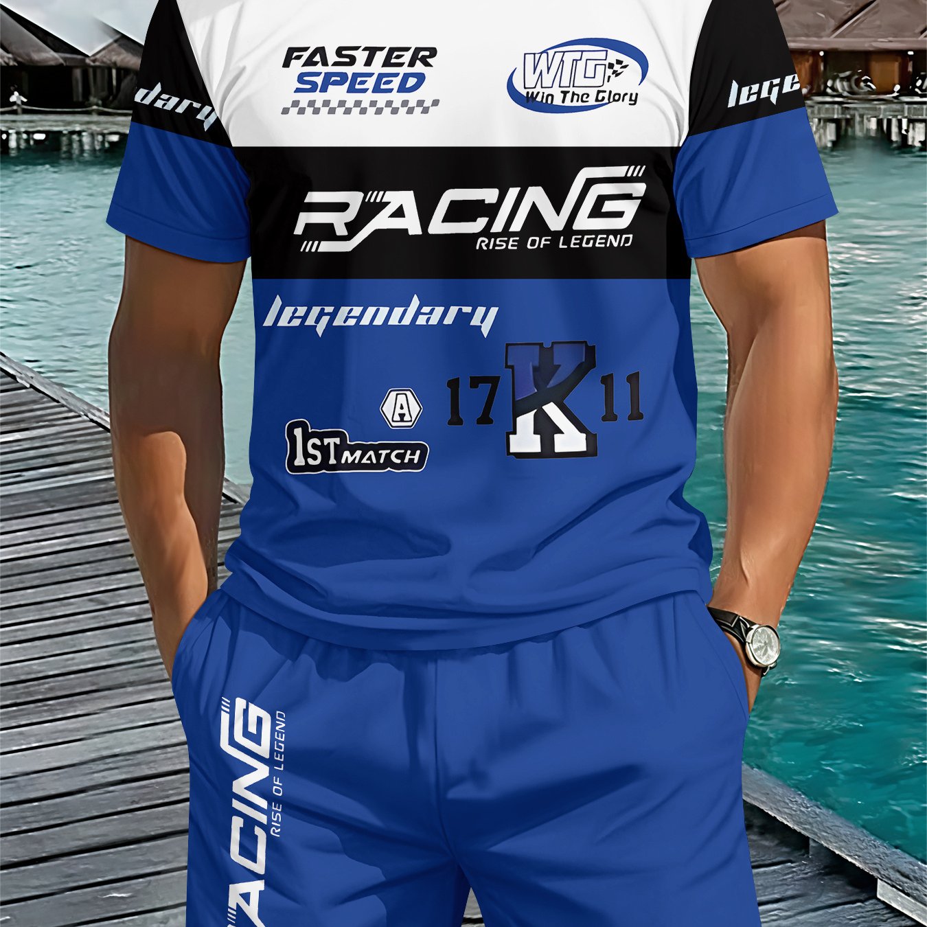 TEMU Men's Plus Size Sports Suit 3d Racing Letter Printed Short Sleeved T-shirt And Matching Sports Shorts Two-piece Set, Breathable Polyester Fiber