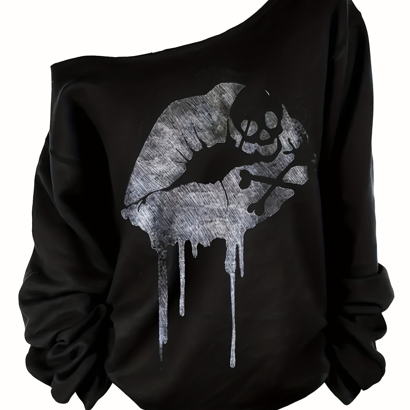 Image of Western Black Lips Skull Halloween Print Long Sleeve T-shirt Women's Off-shoulder Irregular Sleeve Long Fashion Autumn Winter Top