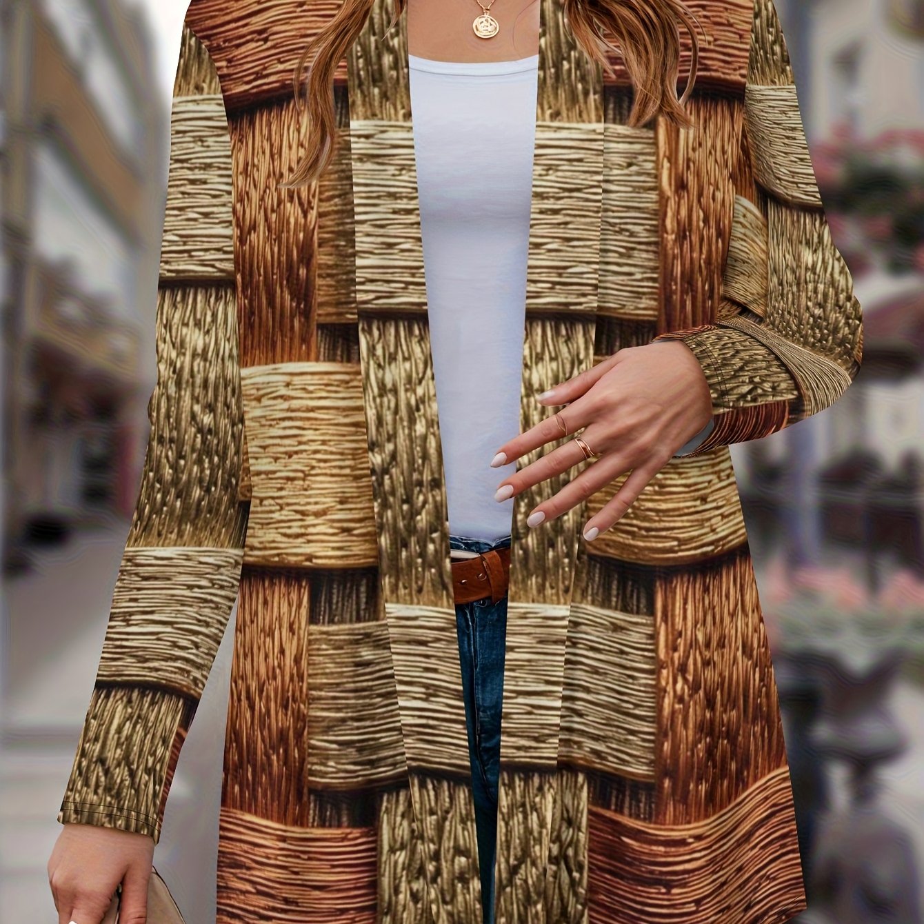 TEMU Comfortable, Trendy, Casual, Elegant, And Women's Outerwear With Flat , Featuring -dimensional Geometric Braided Rope Element Print Pattern And