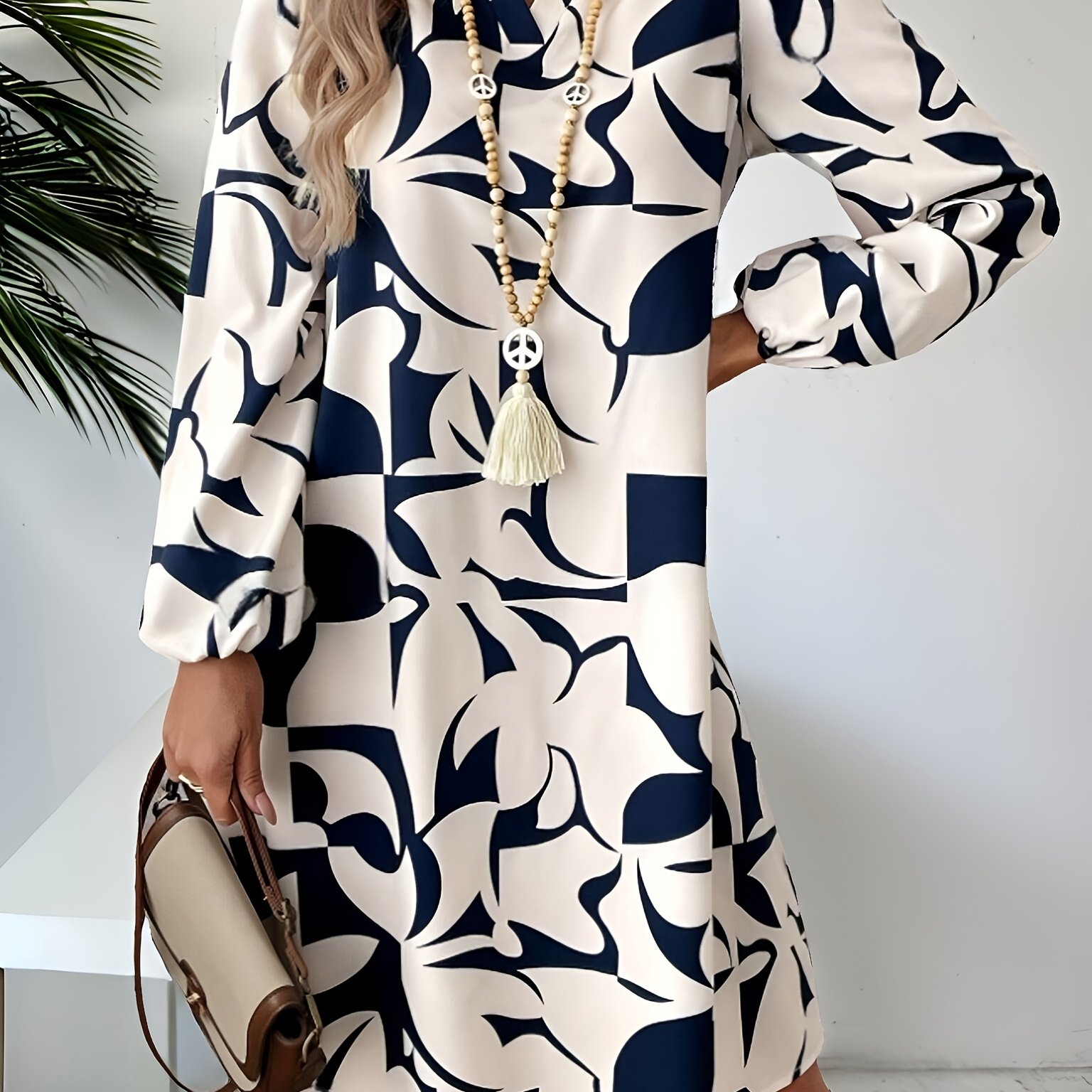 Image of A Long-sleeved Casual Dress With Geometric Patterns For Women, Wear