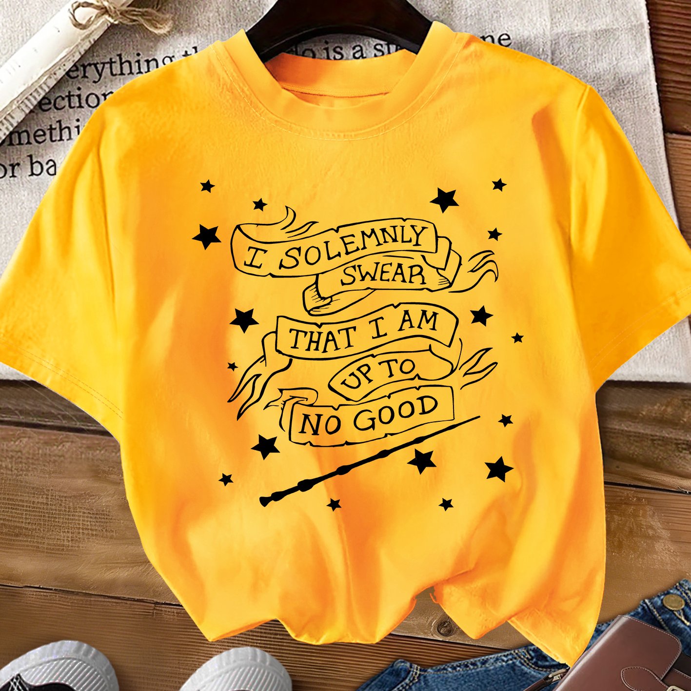 TEMU Women's Elegant Short Sleeve, Harry Potter I Solemnly Swear To Slogan Print Round Neck, Comfortable Soft Breathable New Style Fashion Easy Retro