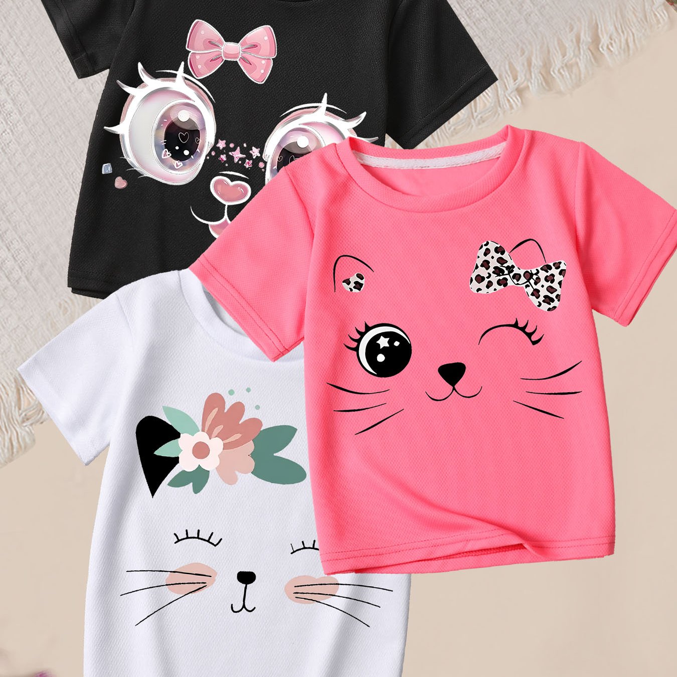 Image of 3pcs Set Of Cute Cartoon Cat Face Graphic T-shirts For Girls, Daily Casual Kawaii Round Neck Short Sleeve Tops, Summer Girls' Home And Holiday Wear, Birthday Gift