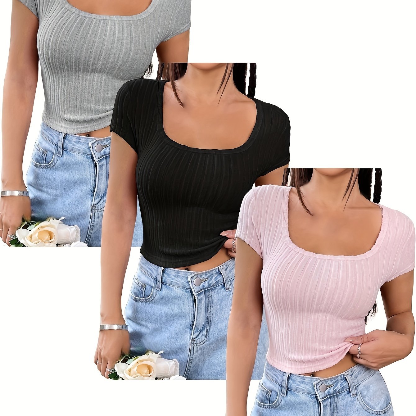 E-shop 3-teiliges einfarbiges geripptes T-Shirt, kurzärmliges, eckiges Ausschnitt--Casual-Oberteil für Sommer und Frühling, Damenbekleidung
