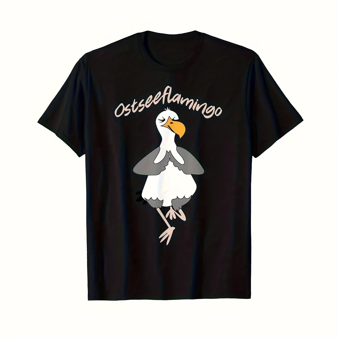 Image of Men's Sea Flamingo & Seagull Graphic T-shirt | 220gsm Heavyweight, Bohemian Style, Crew Neck, Single-sided Print, Casual Wear, Loose Fit, Perfect For Men, Plus Size