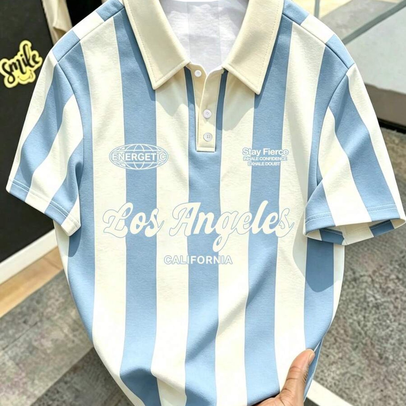 TEMU Men's Striped Color-block Letter Daily Short-sleeve Shirt, - No Texture