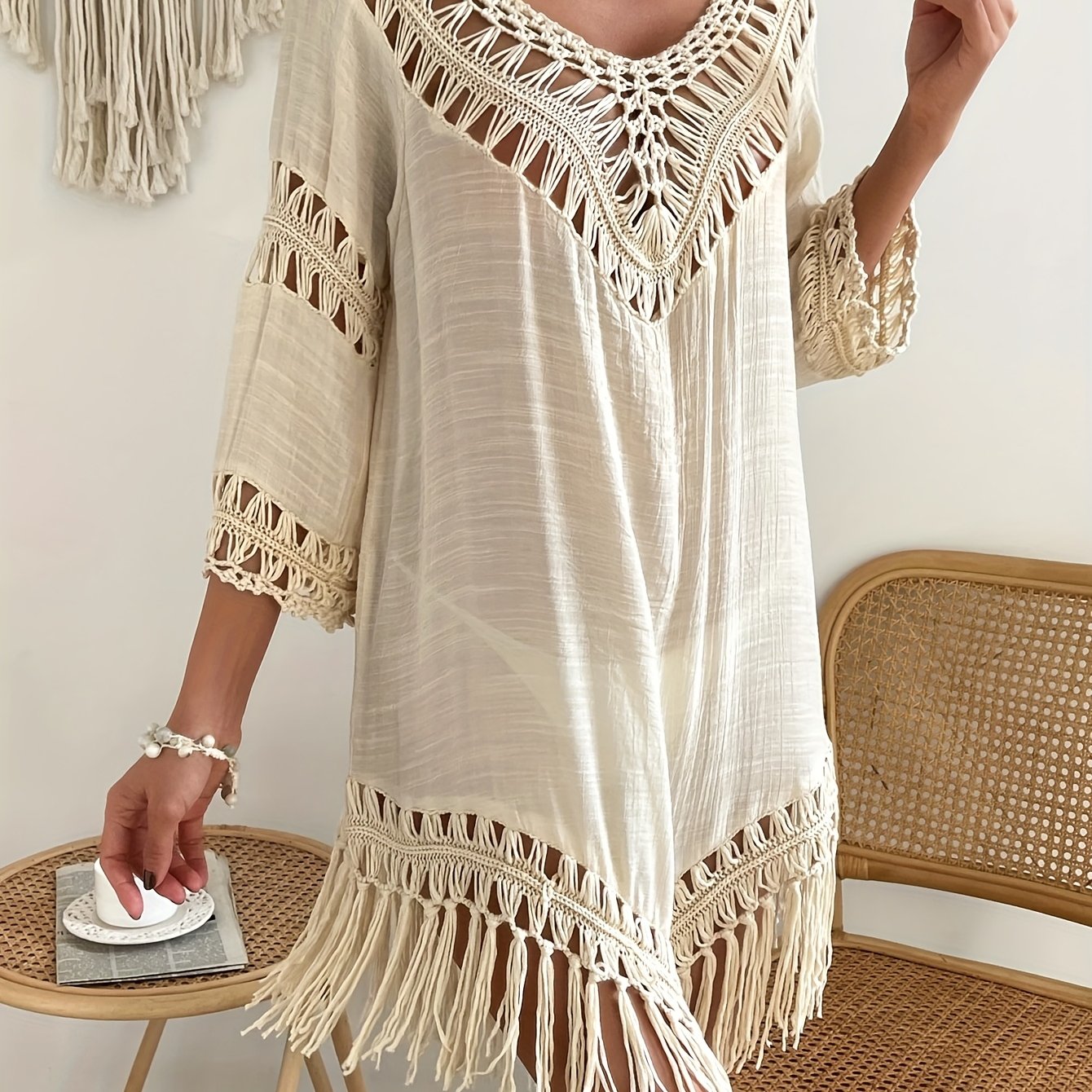 Crochet , Solid Color, Soft Cover-up, Fringe, Beach Vacation Bohemian Style, Pairs With Bikini