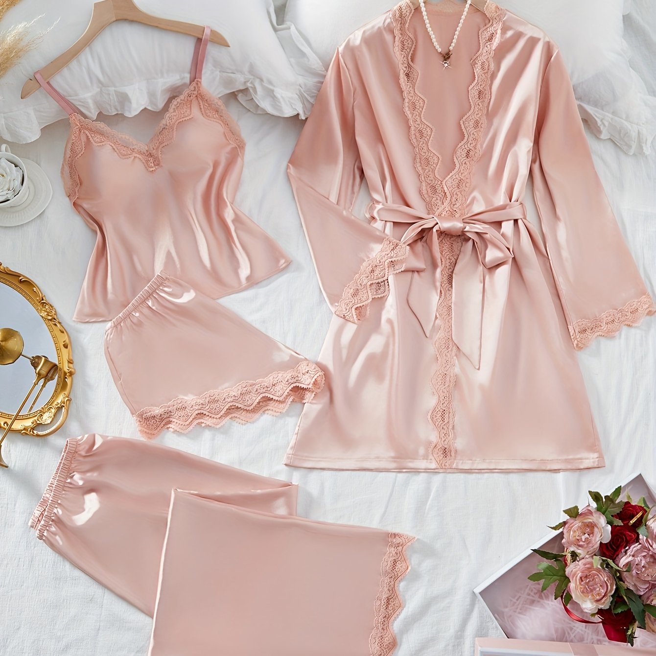 E-shop 4-teiliges einfarbiges Satin-Spitzen-Patchwork-Pyjama-Set, langärmliges Morgenmantel-Set mit V-Ausschnitt, Neckholder und Shorts, Hose und