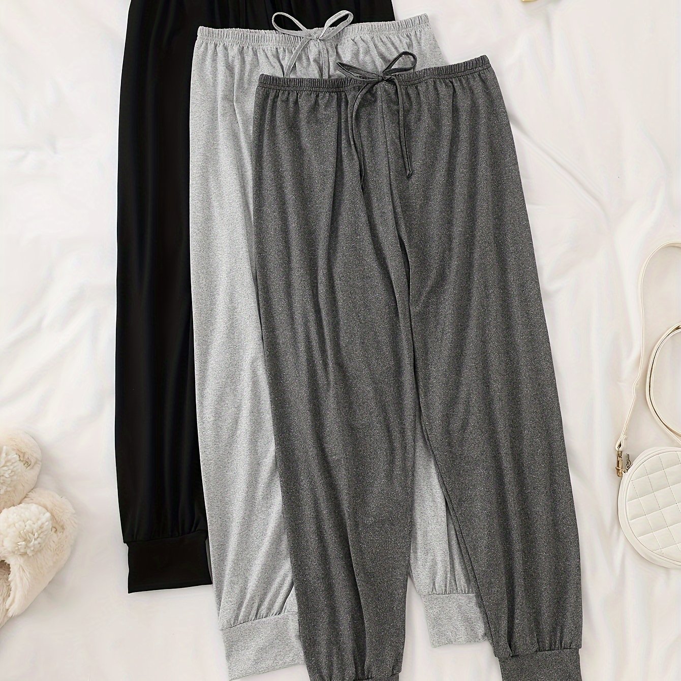 TEMU 3-pack Adult Women's Casual Sleep Pants - Soft Ankle Pants With Pretzel Knot Detail, Suitable For Fall Winter