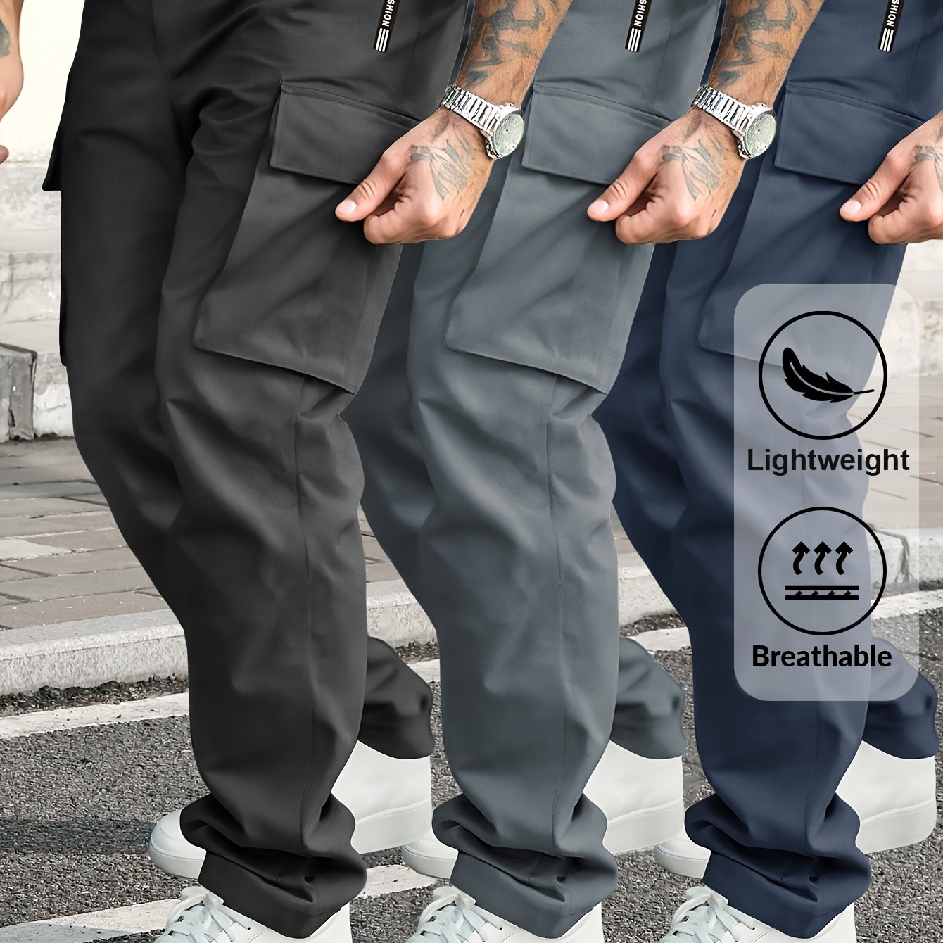 TEMU Men's Casual Cargo Pants For Spring And Autumn, Straight-leg Sports Trousers With Drawstring And Zip Pockets, Suitable For Outdoor Daily Jogging