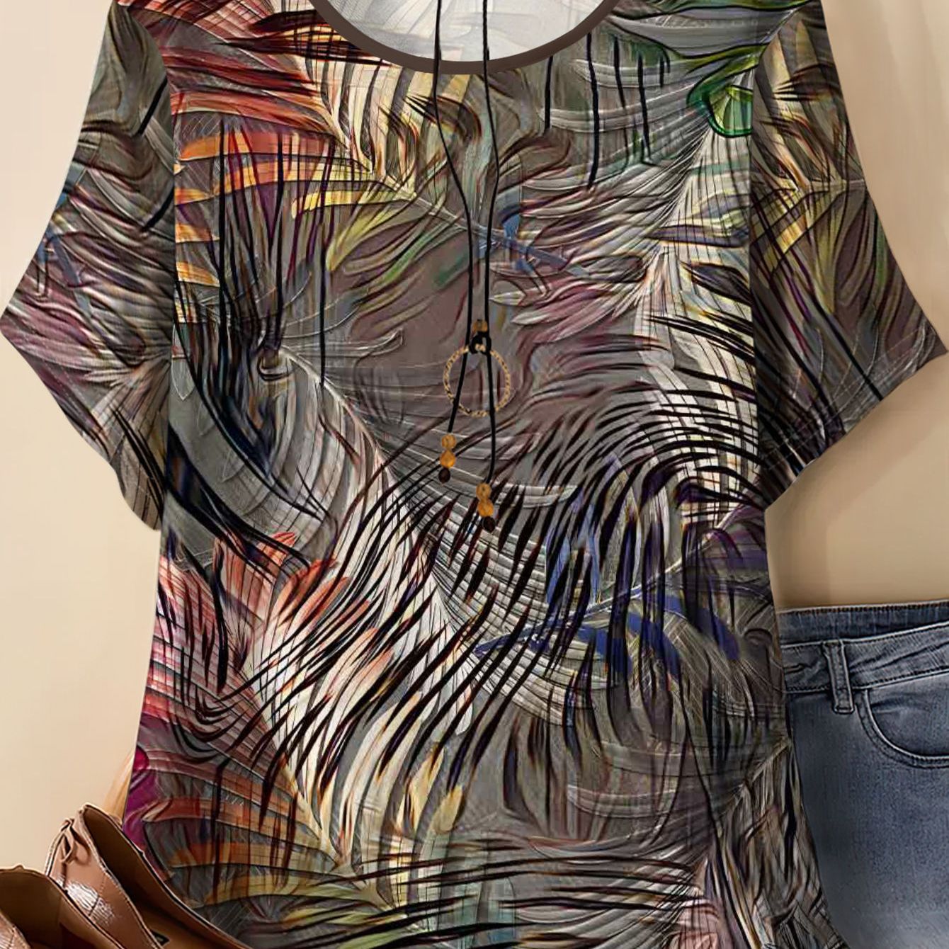 TEMU Women's Plus Size Fashion Printed Short Sleeve Top, Loose Fit T-shirt For Summer, Versatile And Comfortable Blend Fabric