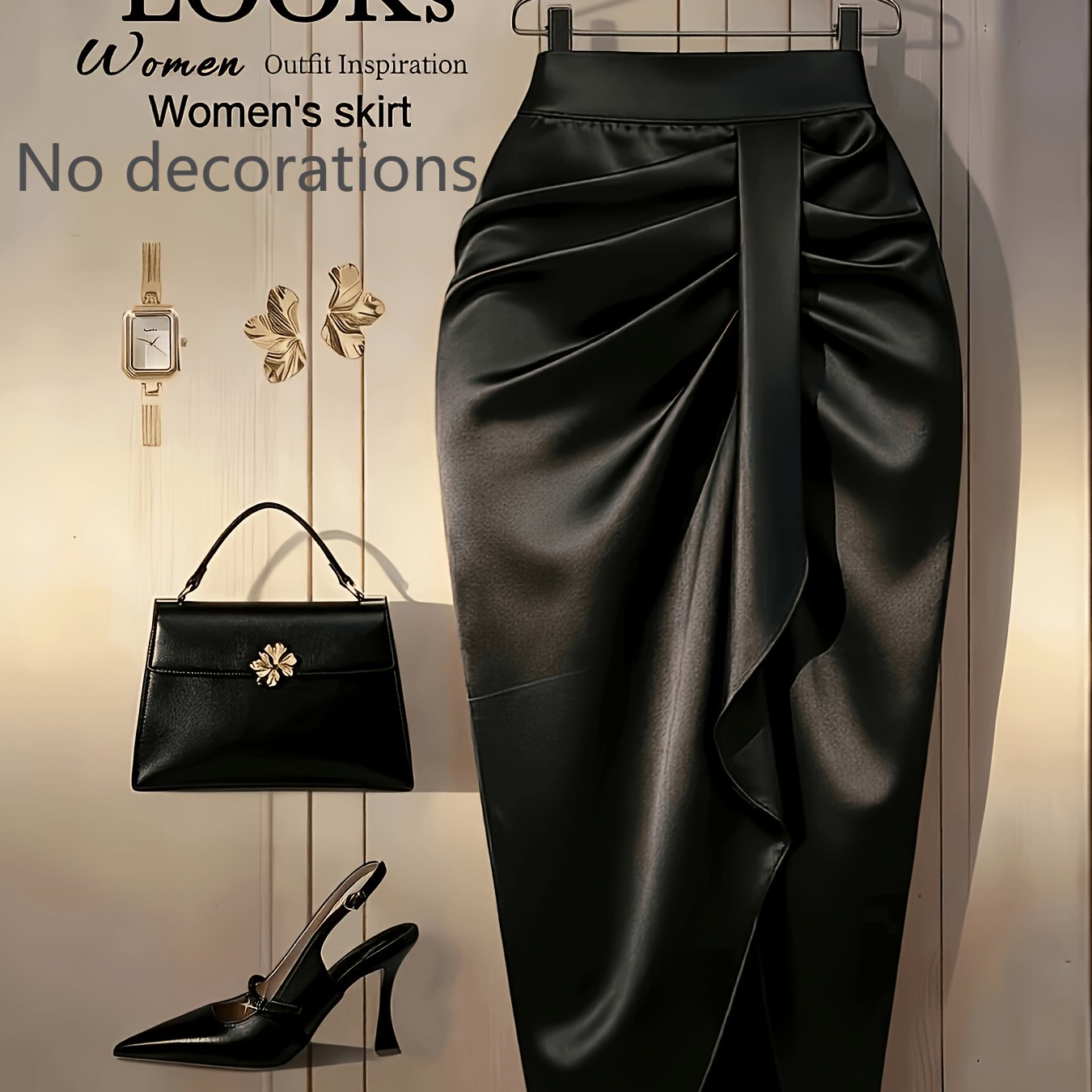 TEMU Plus Size, Plus-size Women's Satin Pleated Pencil Skirt, High-waisted Body-hugging Mid-length Skirt With Front Slit, Elegant Slim-fit Dress,