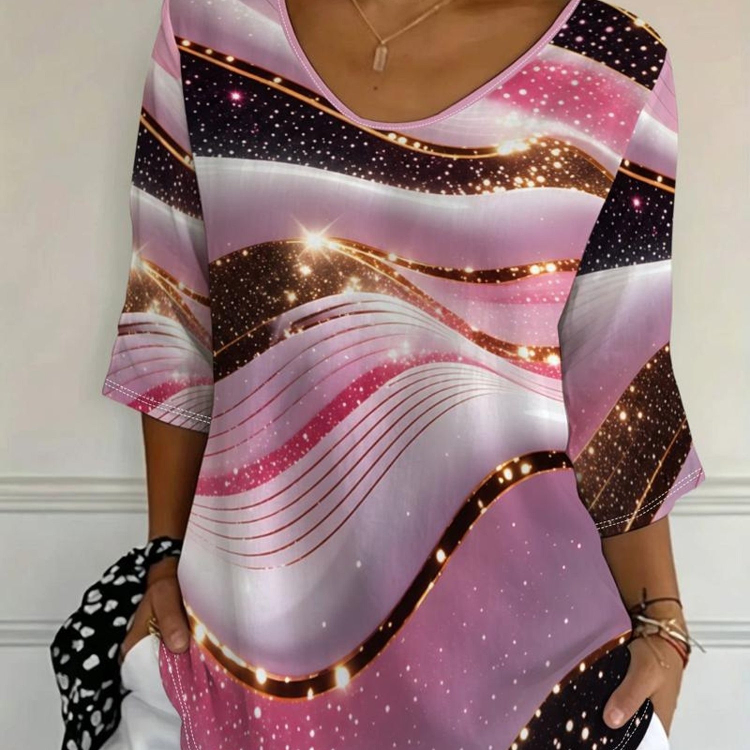 TEMU Plus Size Women's Top, Multicolor, Multiple Sizes , Dynamic Abstract With Golden And Black Accents, Sparkling Starry Elements, Luxurious