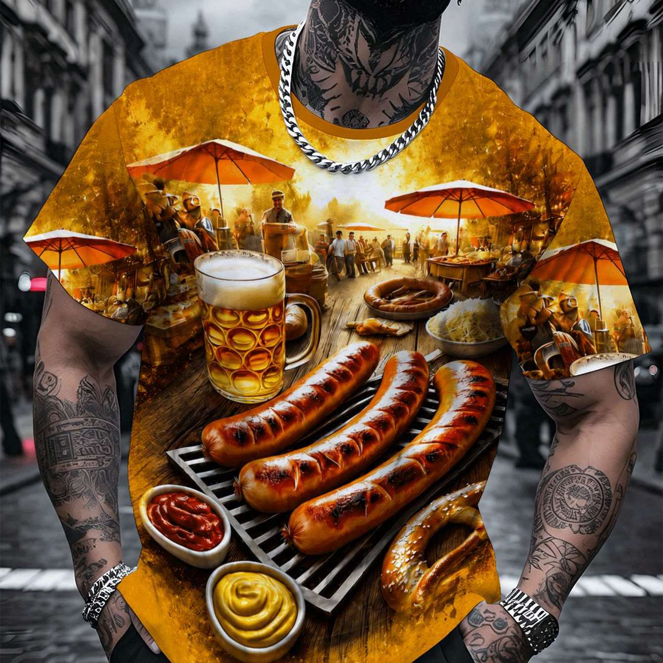 TEMU [print Design Not Textured] New Plus Size Men's Casual Sports T-shirt, Hot Dog Beer Food Pattern Print, Festive Carnival Style, Fashionable