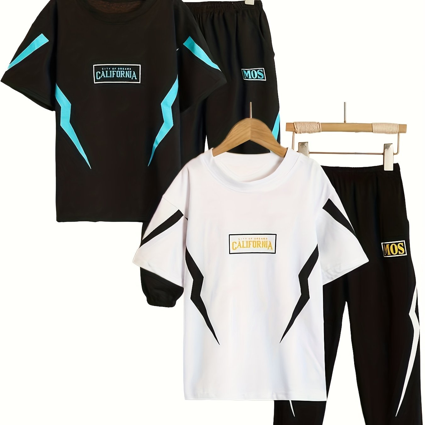 Image of Boys' 4pcs Set, Spring/autumn Sportswear And Casual Comfortable Lightning Print Short Sleeve + Casual Jogger Pants Set, Casual 4pcs Combination, Perfect For Outdoor