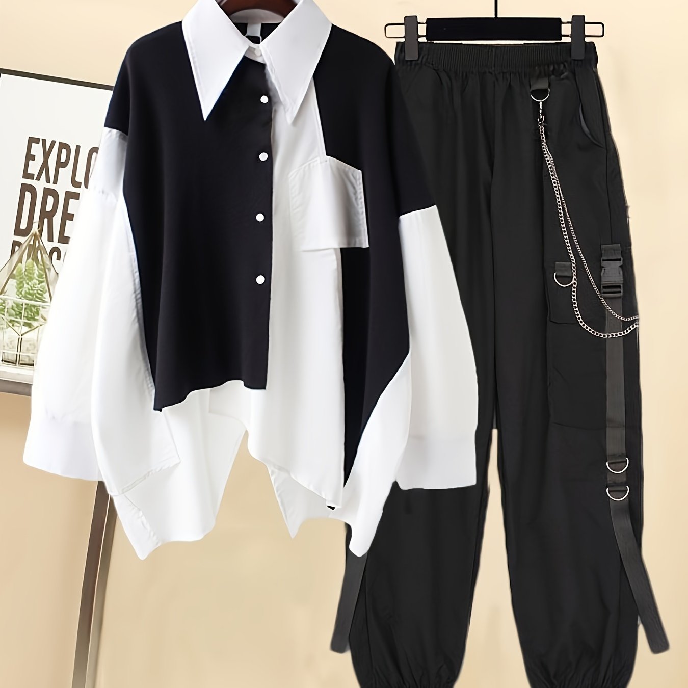 Fall 2pcss Women Streetwear Outfits Loose Long Sleeve Color Split Irregular Shirts And Ribbon Chain Cargo Pants Sets Y2k Harajuku 2pcs Set For Women Suits