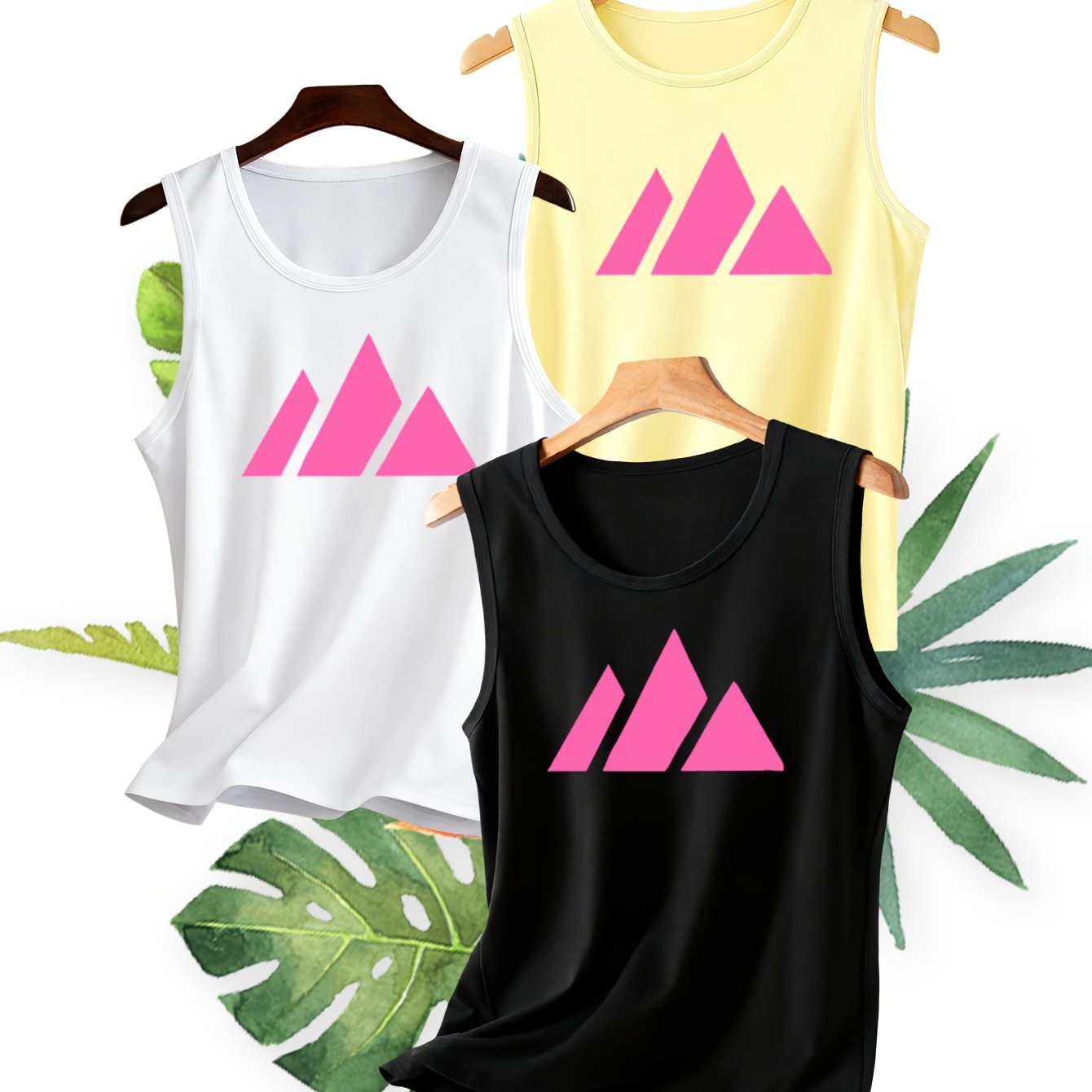 TEMU 3pcs Set, Multiple Colors , Women's Tank Top, Pink Triangle Print, Spring/summer Casual Commuter Style, Fashionable Trendy Round Neck Sleeveless