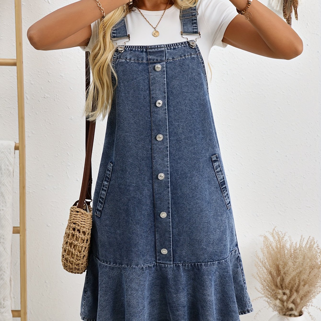 Image of Denim Suspender Dress Women's Summer Loose Mid-length Ruffle Skirt