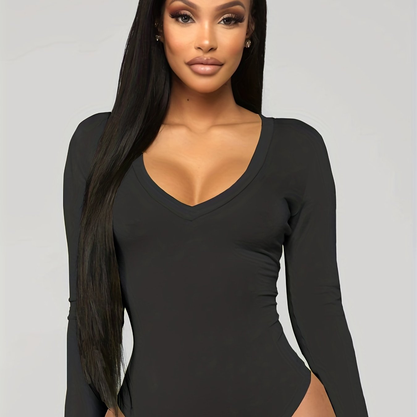 Solid Lace Deep V Neck Bodysuit Sexy Long Sleeve Bodysuit - Temu