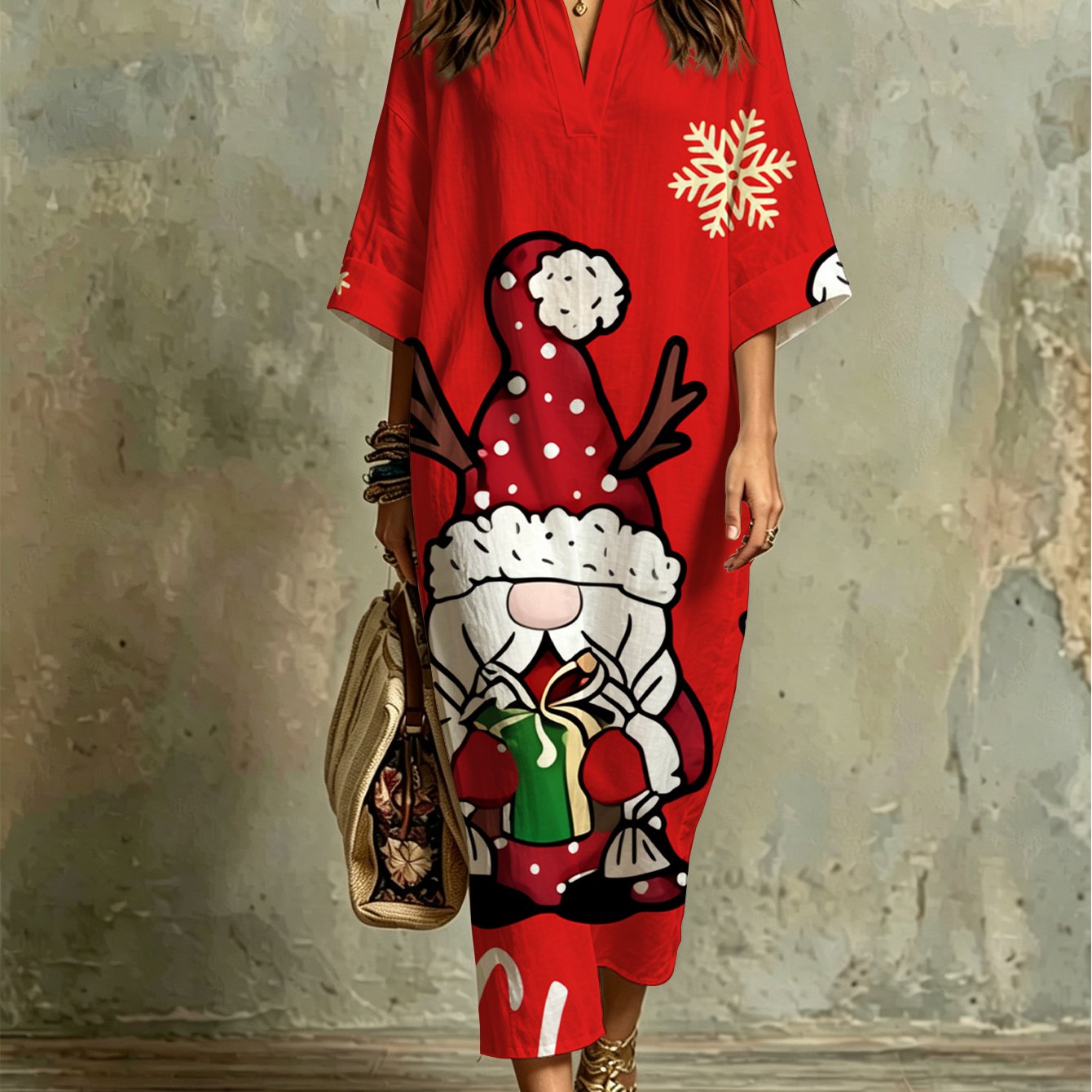 Image of Plus Size, Gnome Women's Kaftan Dress, Merry Christmas Graphic, Comfortable, Breathable, Loose Fit, For Holiday Parties, Xmas Gatherings, Winter Celebrations