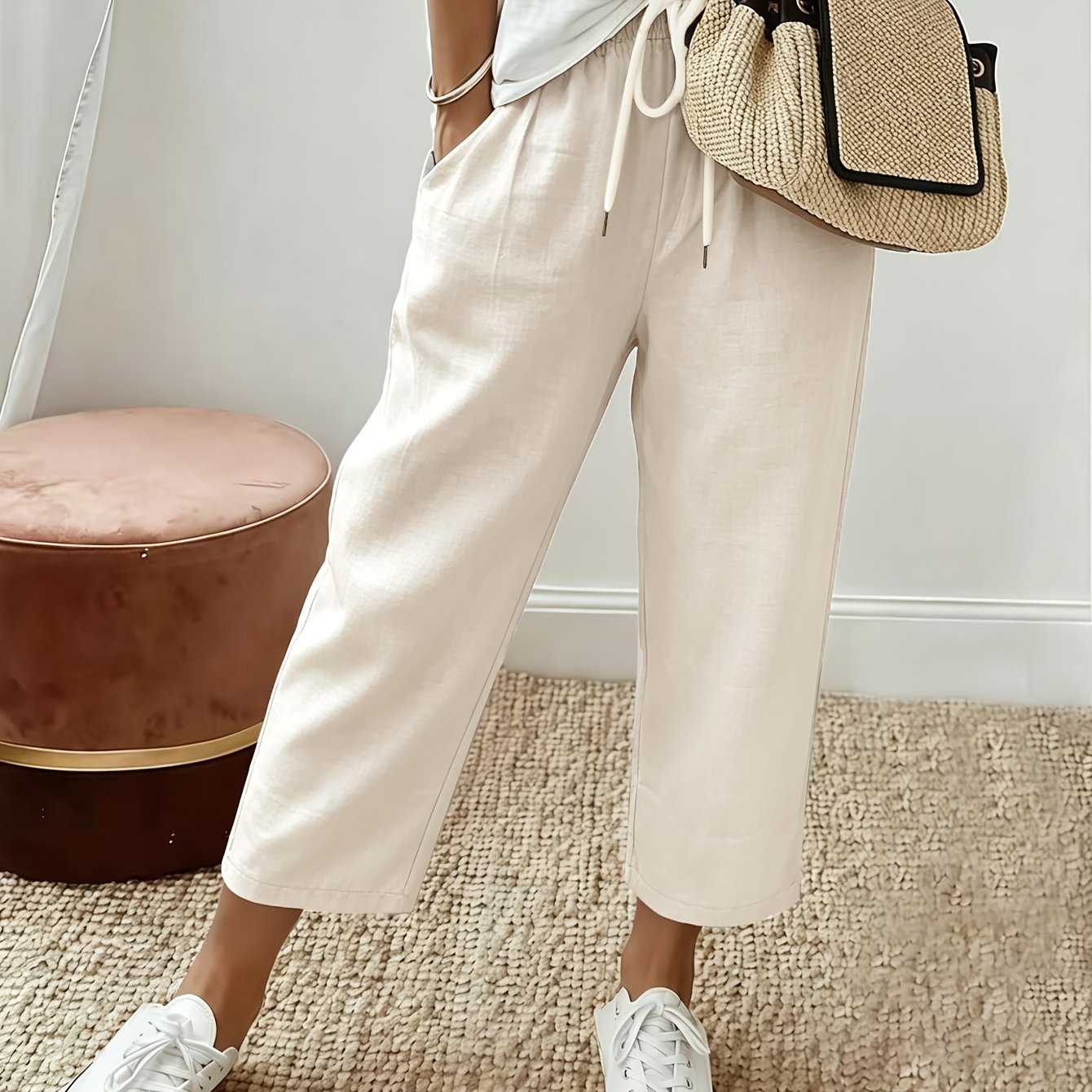 E-shop Elegante Damen-Cropped-Hose mit weiter Beinform elastischem Bund – Geeignet für Pendeln, Büro & Freizeit, verkürzte Länge (7/8), ohne ,