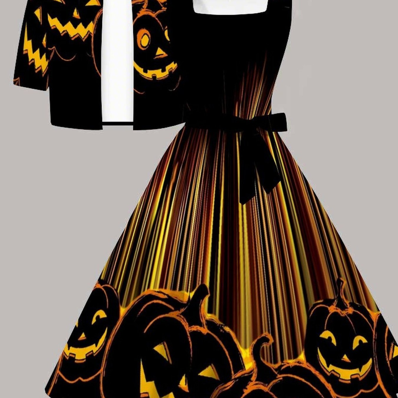 Image of Plus Size - Halloween Women's Outfit Women's Plus Size Dress Set Halloween Pumpkin Skeleton Full Body Party Comfortable Material Stylish Short Sleeve Jacket Vest Dress Set