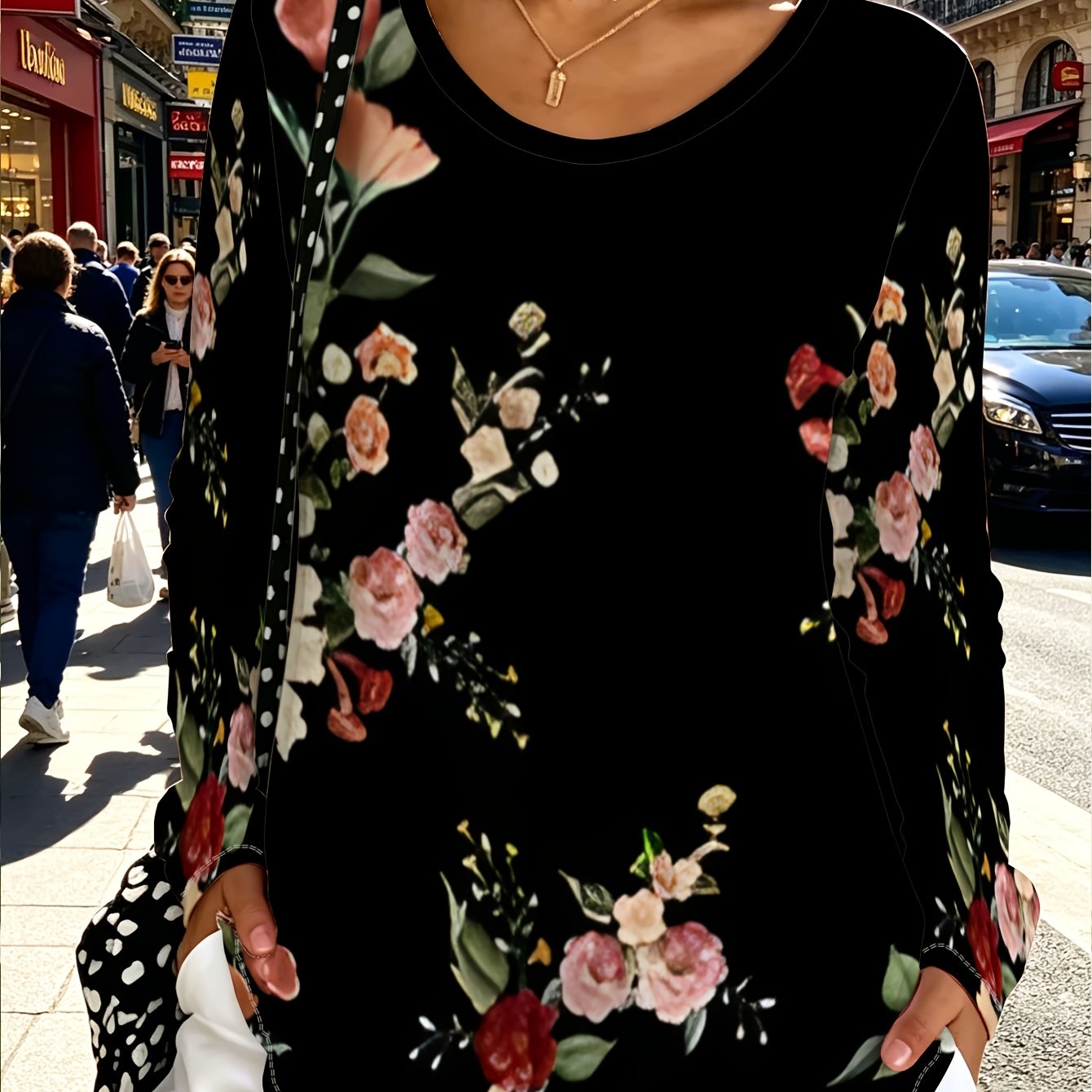 TEMU Plus Size, Plus Size Casual Swear Women's Black Floral Loose Long Sleeve Top, Women's Fashion Casual Pullover, Patterned Design Comfortable