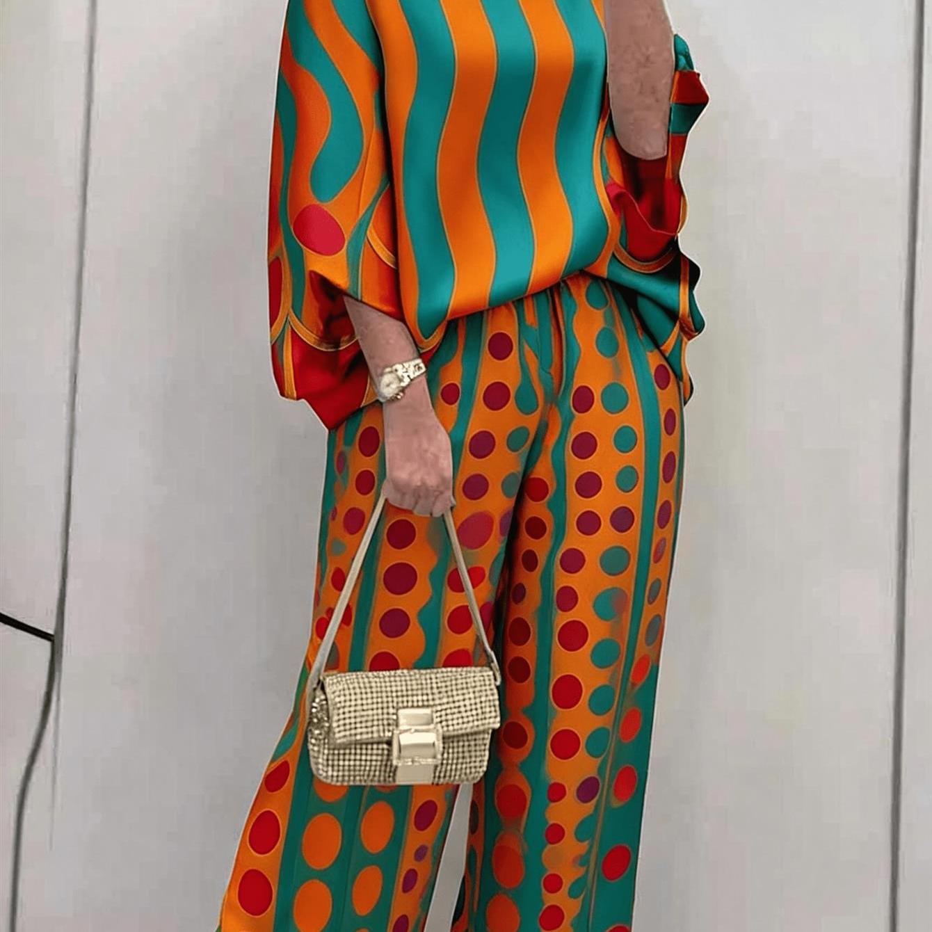 Image of Women's Off-shoulder Set Wavy Stripes Top And Polka Dots Pants In Orange Teal And Red Loose Printed Batwing Sleeve Long Pants Set