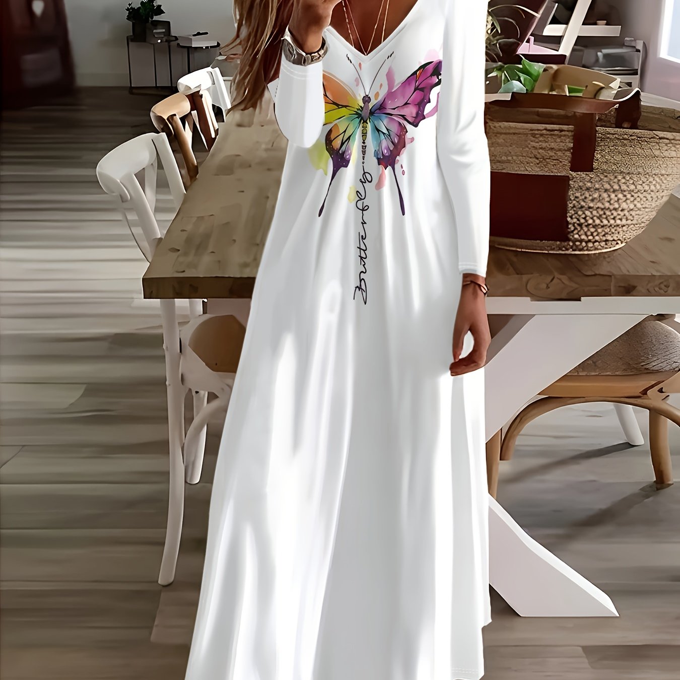 Pattern Printed V-neck Long Sleeve Dress