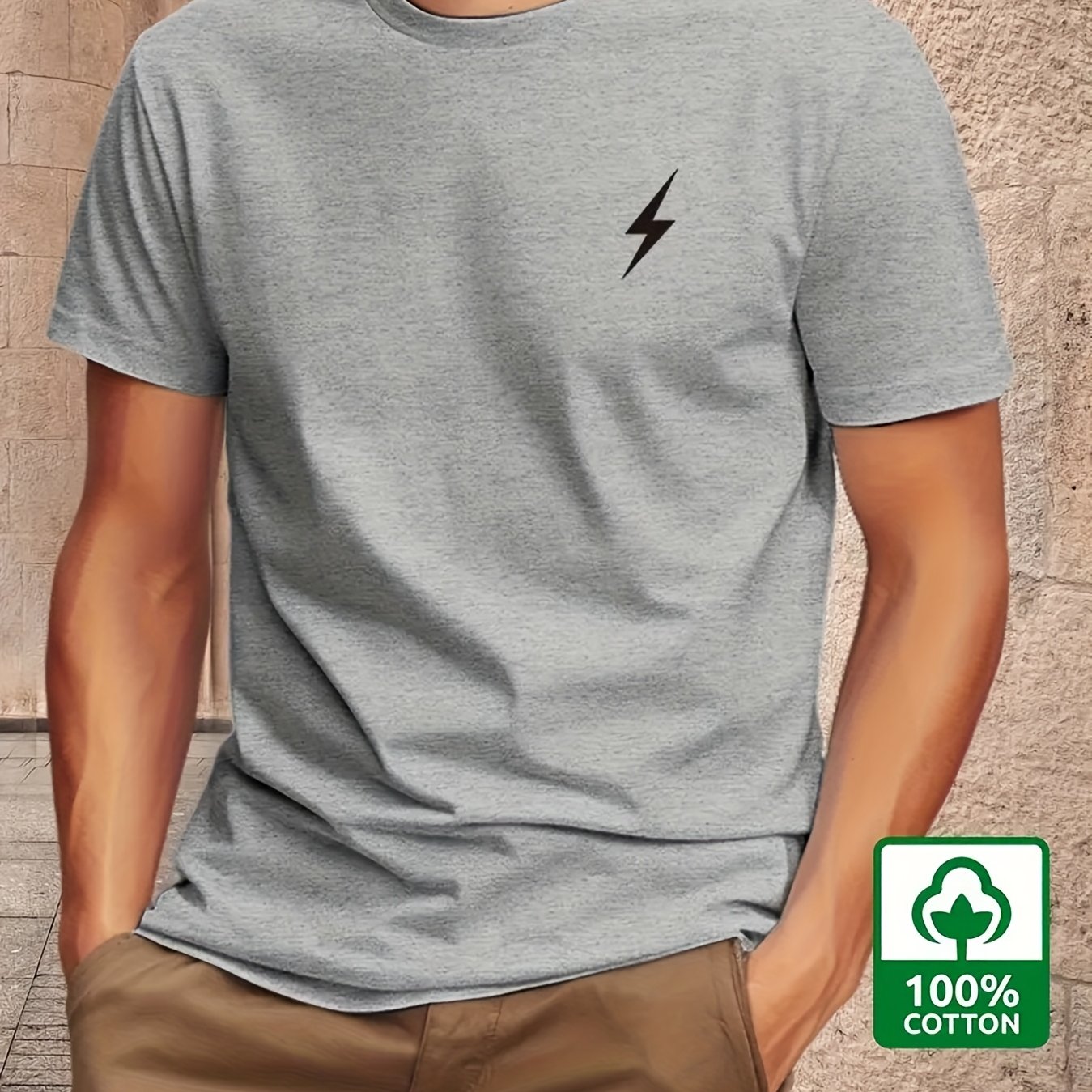 TEMU [summer Casual] Men's 100% Cotton Lightning Bolt Graphic T-shirt, Relaxed Fit Breathable Crew Neck Short Sleeve Tee For Casual & Outdoor Activities