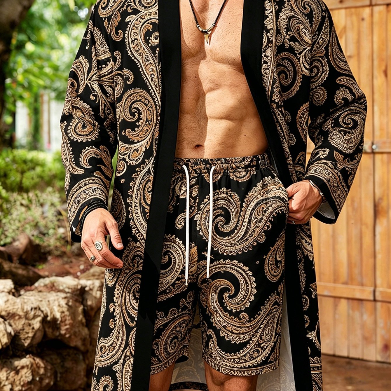 TEMU Big And Tall Men's Fashionable Long Shawl Casual Suit Print 100% Polyester Vintage Paisley Print Kimonostyle Cardigan And Shorts Set Regular Fit