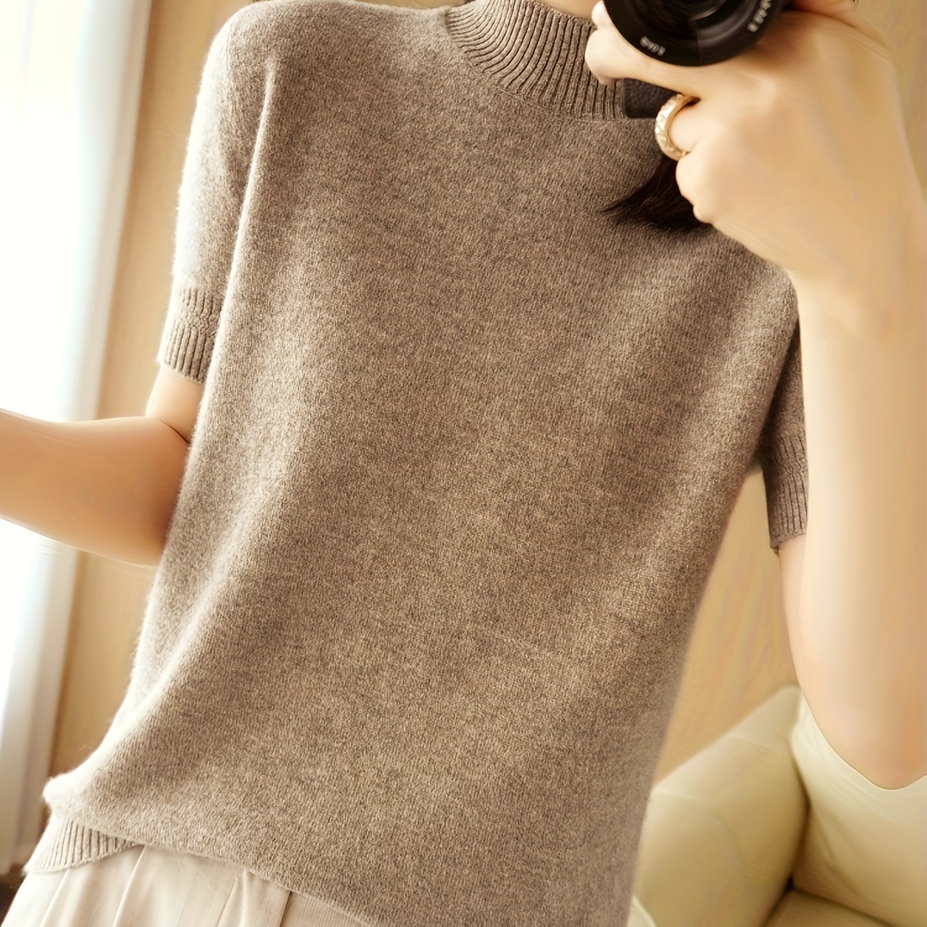 TEMU Solid Mock Neck Sweater, Elegant Short Sleeve Sweater For Spring & Summer, Women's Clothing