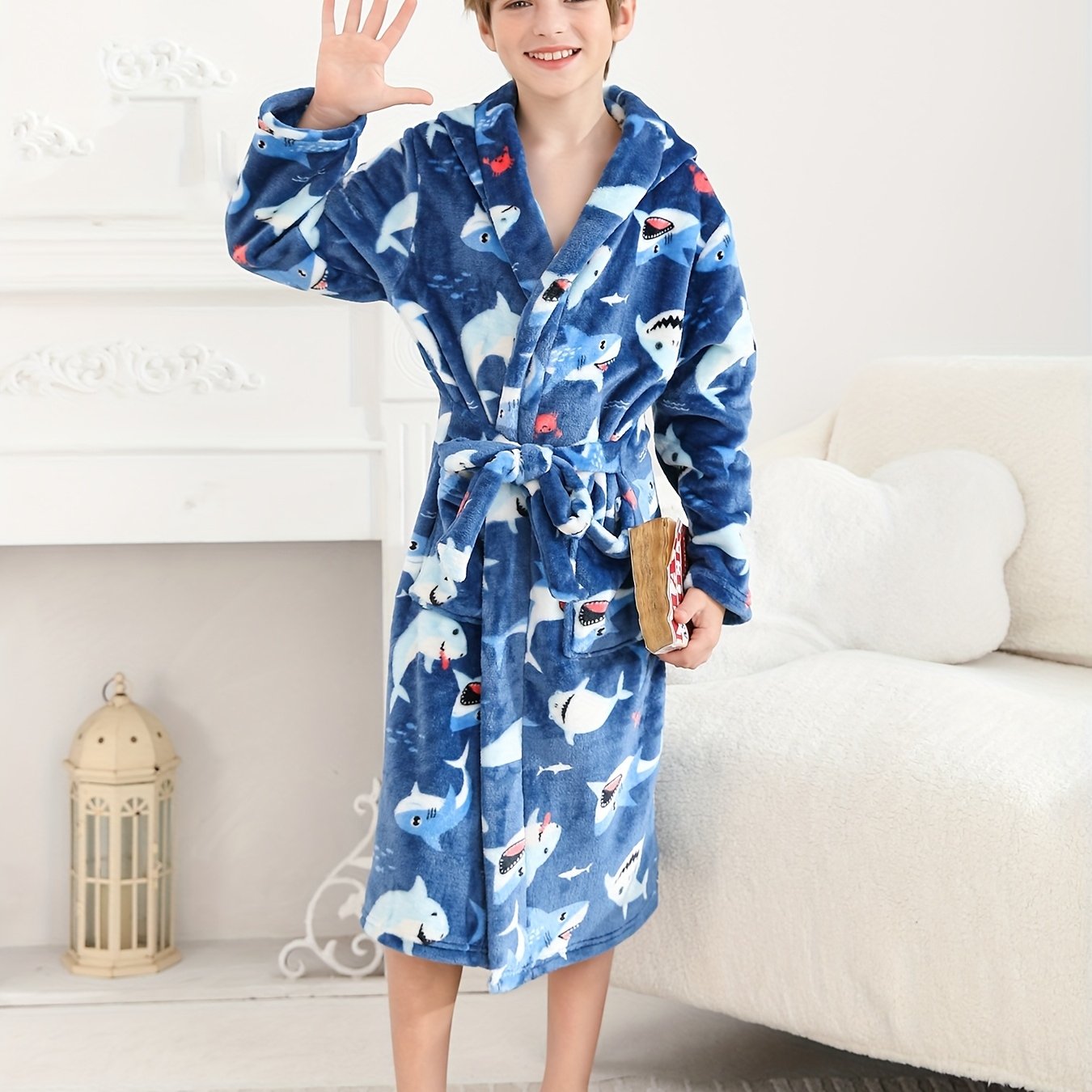 Boys' Shark Print Flannel Soft And Comfortable Party Robe With Hood, Loungewear Bathrobe For Boys, Gift For Children Ages 2-11