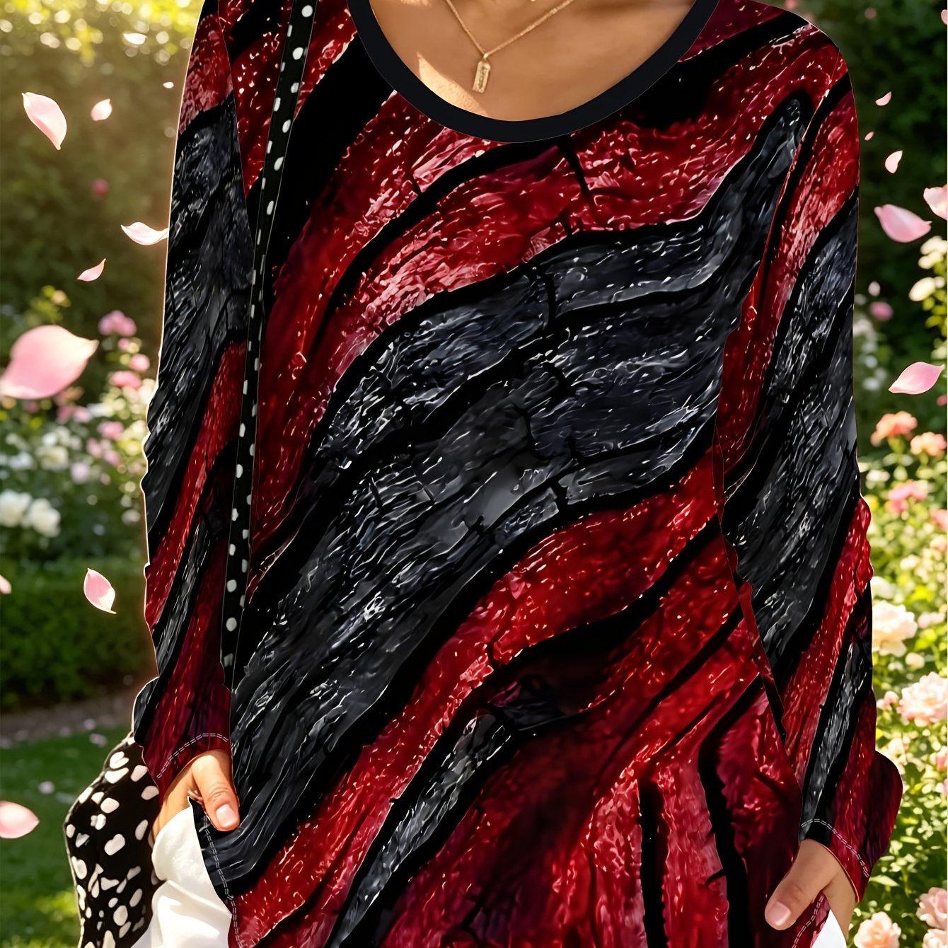 TEMU Plus Size Casual Women's Red Printed Velvet Long Sleeve Top, Women's Loose Round Neck Pullover, Fashionable