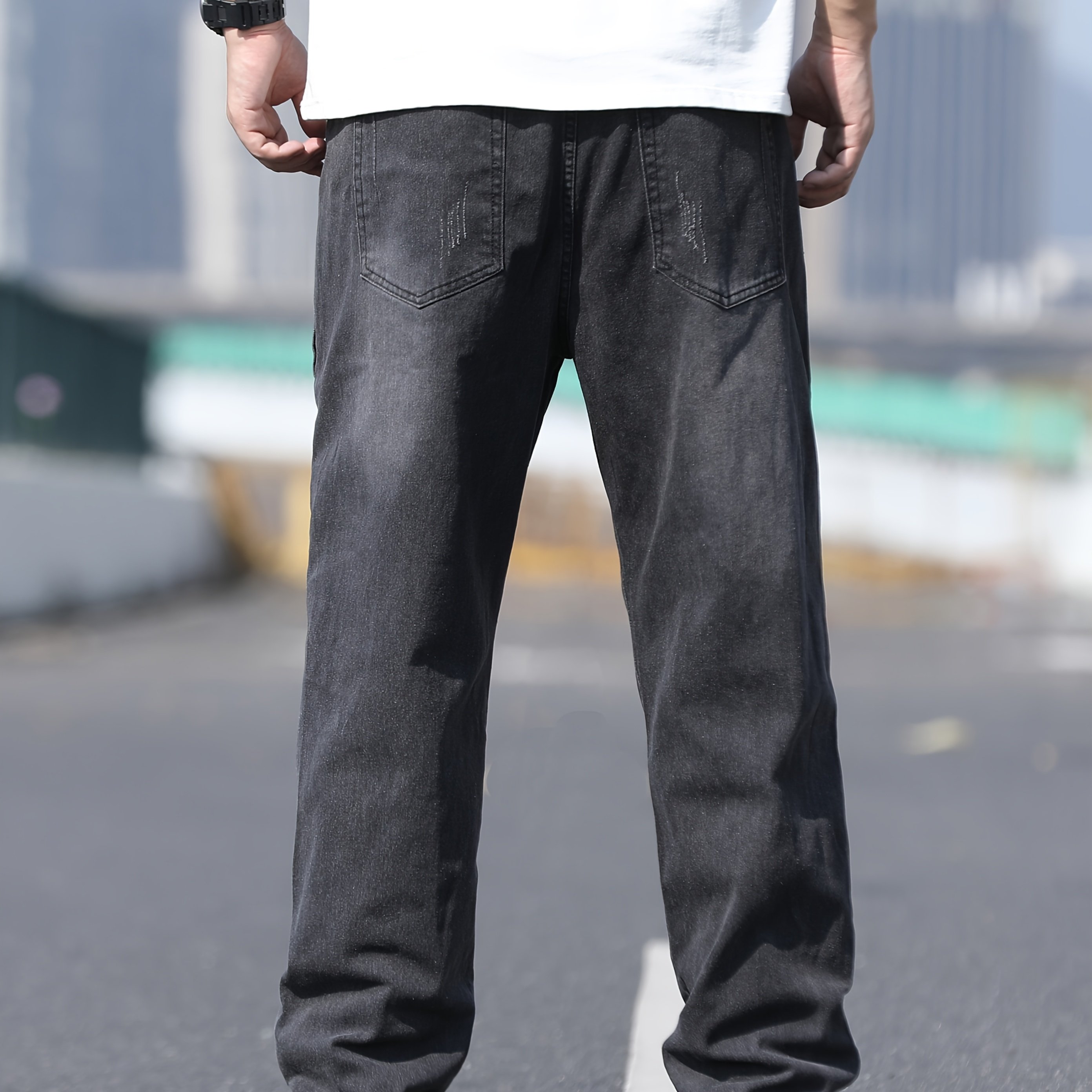 Image of Plus Size Men's Jeans, Street Fashion High-end Stitching Black Gray Loose Large Waist Men's Trousers Washed Jeans, Widened Waist Design
