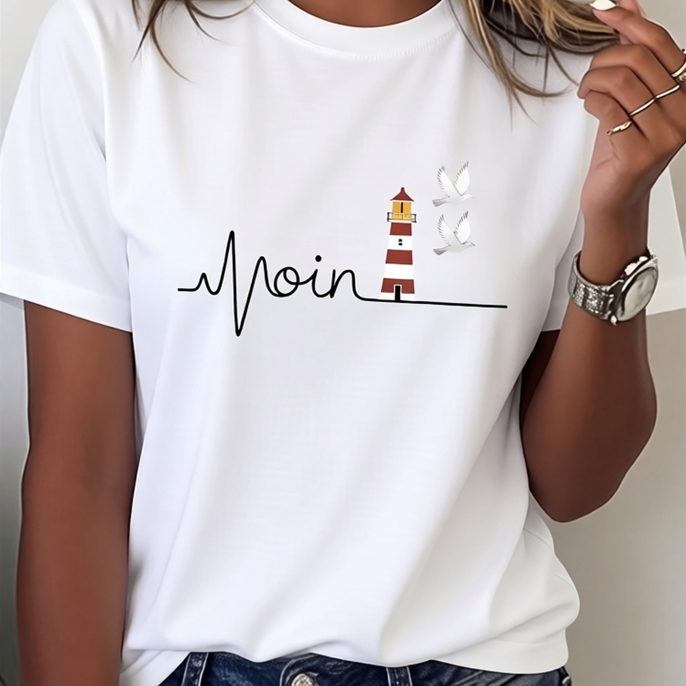 Image of 's T-shirt Made Of Pure Featuring Heartbeat Moin Lighthouse Birds