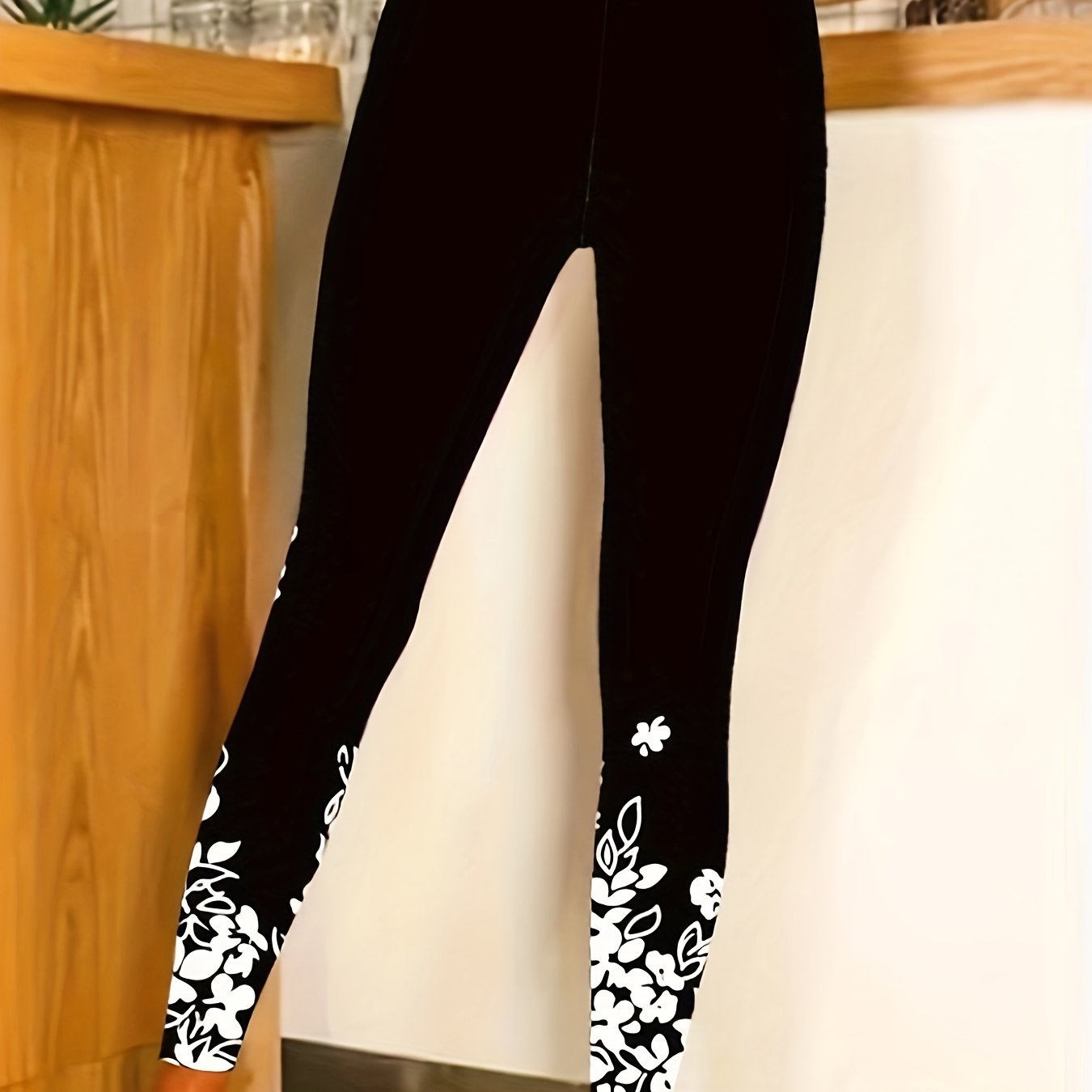 E-shop Leggings mit Blumenmuster, Damen Elastische Taillenband Bedruckte Enganliegende Hosen, Modische Freizeit Alltags-Hosen mit Bindeband an der