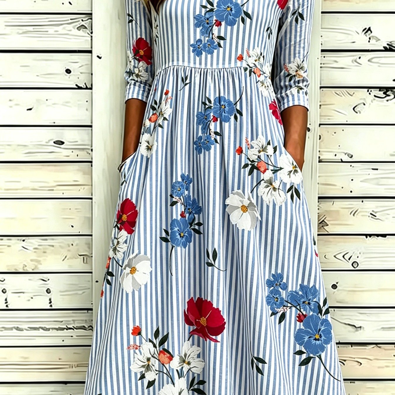 Women's Floral Striped Print Round-neck Midi Dress With Pockets