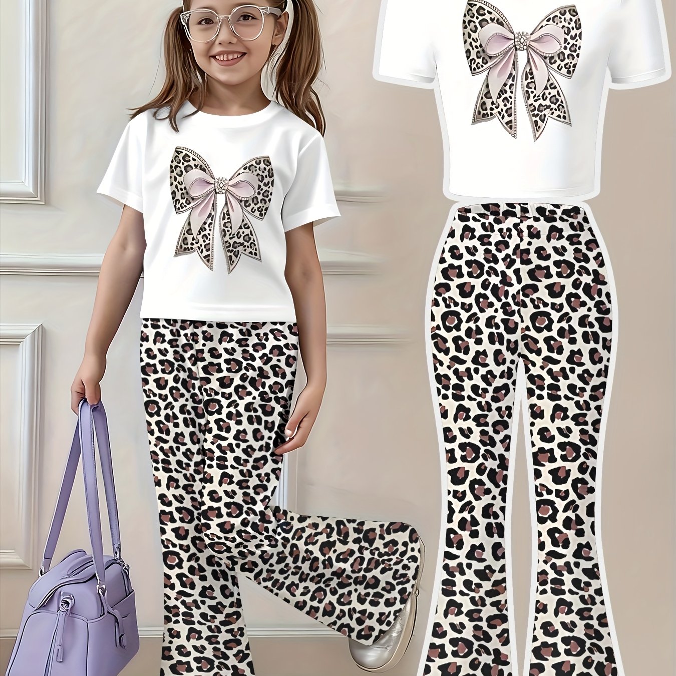 Image of Girls' Fashion Set, Short-sleeve T-shirt And Flare Pants Two-piece Set, Cute Casual Outfit, For Outdoor