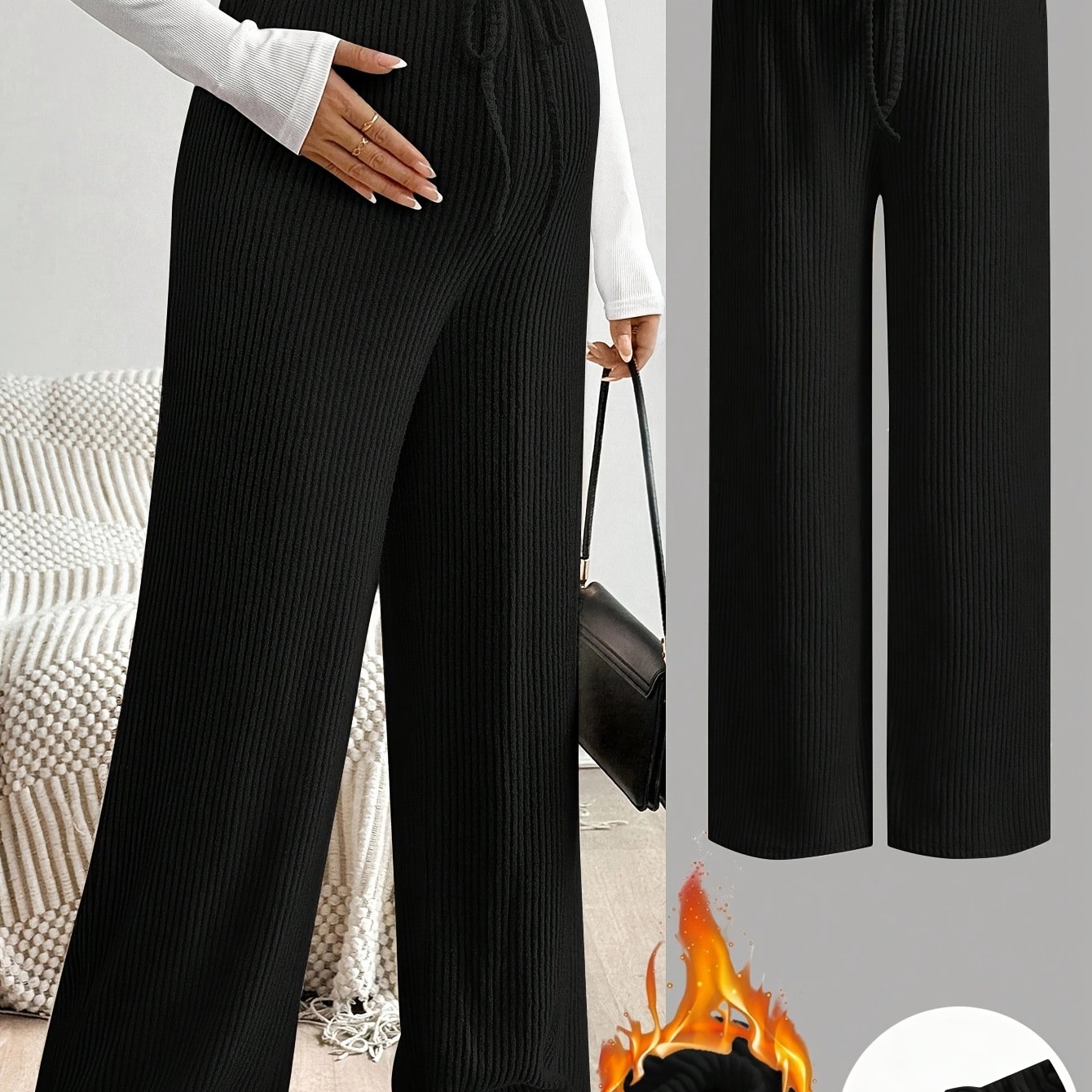 TEMU Maternity High-waisted Wide-leg Pants - Stretch Trousers With Elastic Waist & Drawstring, Solid Color Pregnancy Pants Suitable For Fall/spring,