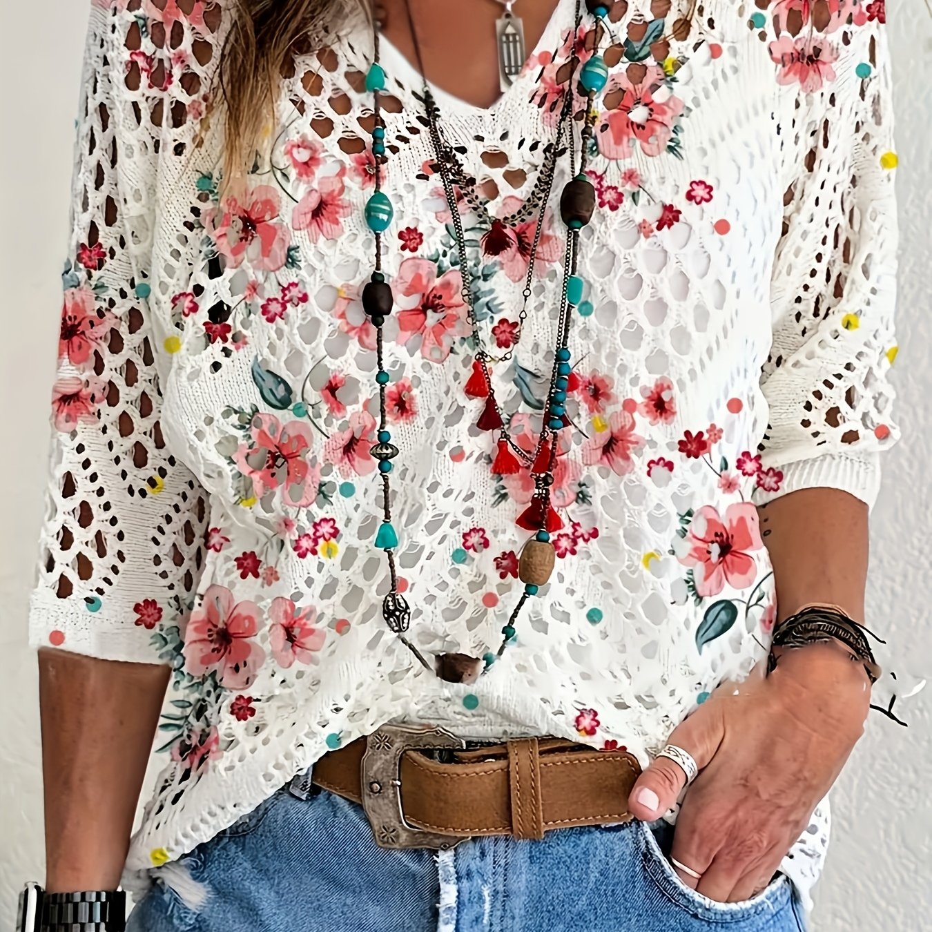 TEMU 2d Flat Pattern Spring/autumn Fashion New Stylish Versatile Pullover V-neck Short-sleeve Women's Top With Floral Pattern Flat Trendy Women's