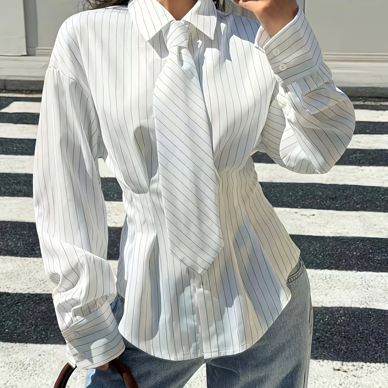 TEMU Elegant Women's Striped Tie-front Blouse, Suitable For Daily , Parties, Dates, And Vacations, With Tie
