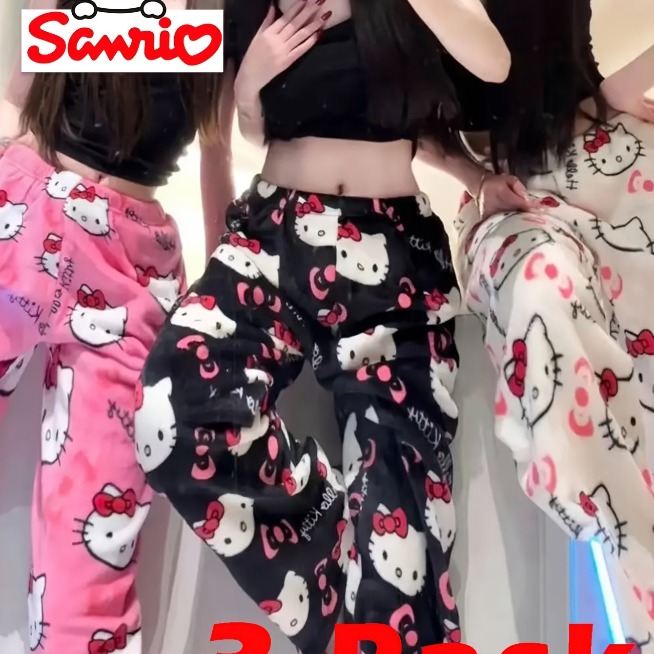 3pcs Hello Kitty Flannel Pajama Pants Set For Women - Ultra Soft Lounge Pants, Cute & Sleepwear, Sister Gatherings Ootd, Unisex All Ages Gift