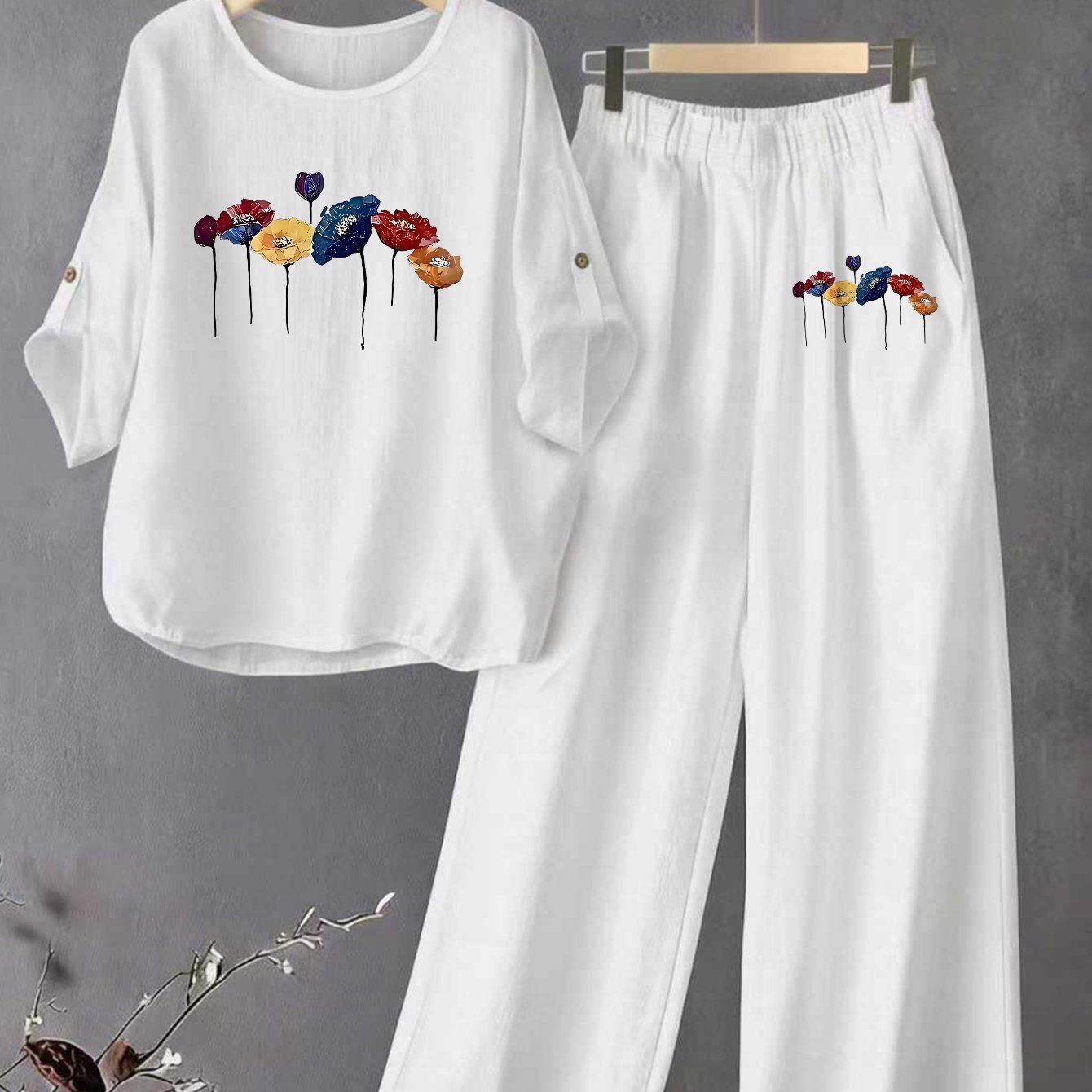 TEMU Elegant Women's Shirt - Solid Color Crew Neck Casual Fashion Top With Loose-fit Straight-leg Pants, Featuring An Iridescent Floral Graphic