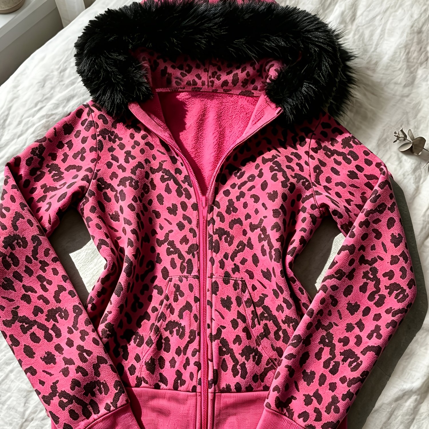 TEMU Outfit Pink Leopard Print Hooded Jacket Women's Black Slim Short Full Zip Cardigan Ribbed Cuffs And Hem Vintage Y2k Hot Street Style Casual